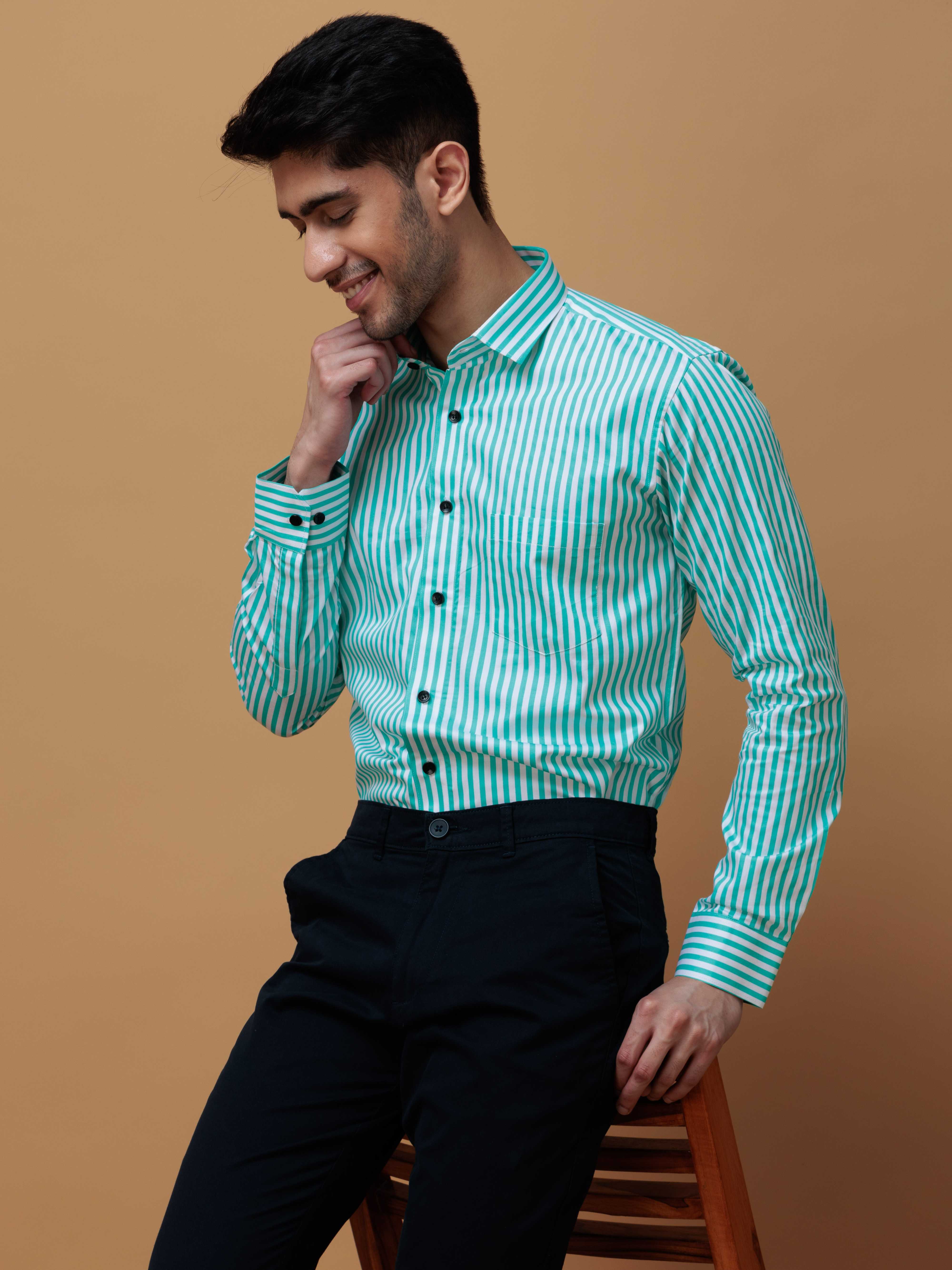 GREEN STRIPED COTTON REGULAR FIT MEN'S CASUAL SHIRT FOR MEN'S