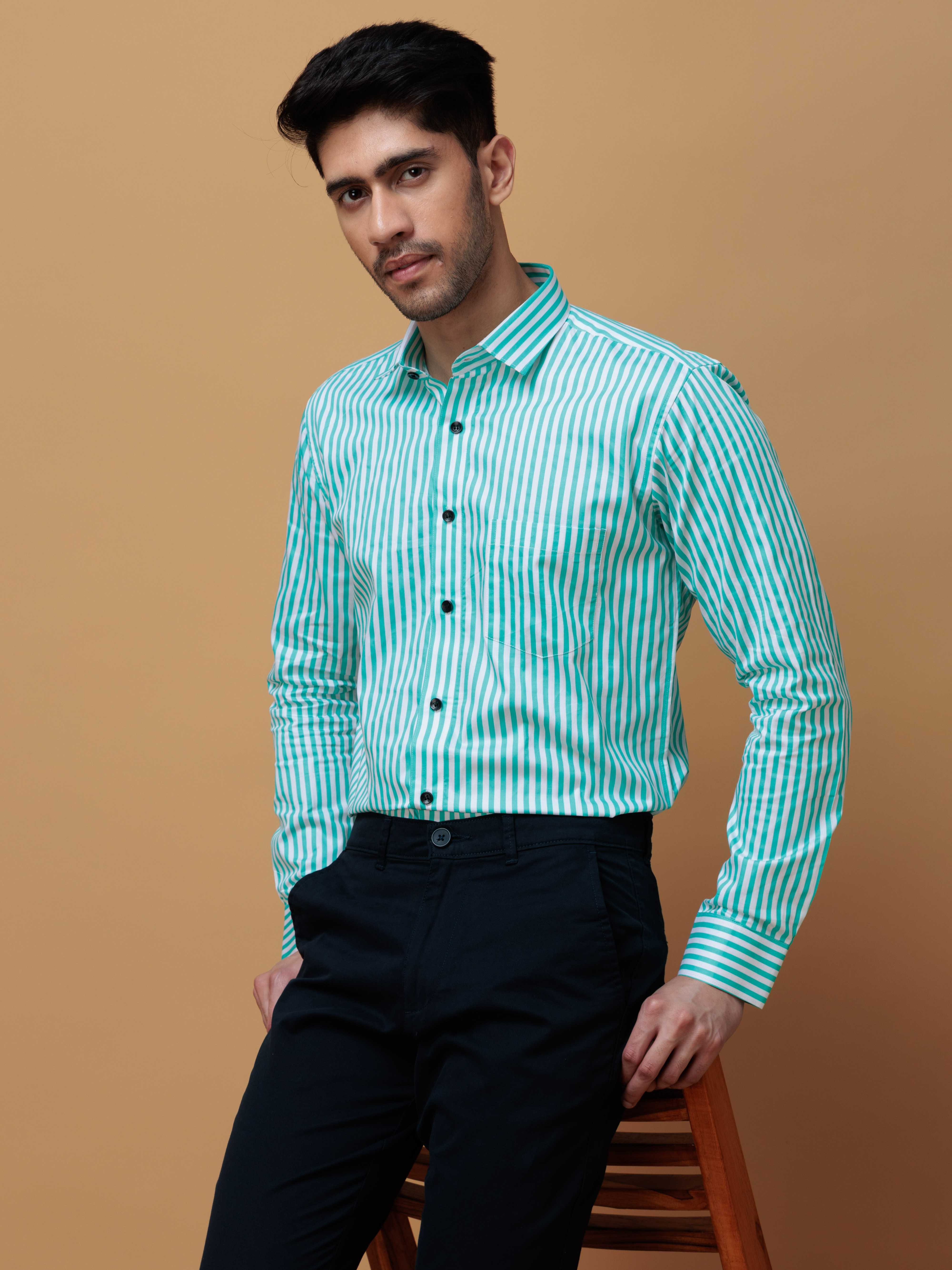 GREEN STRIPED COTTON REGULAR FIT MEN'S CASUAL SHIRT FOR MEN'S