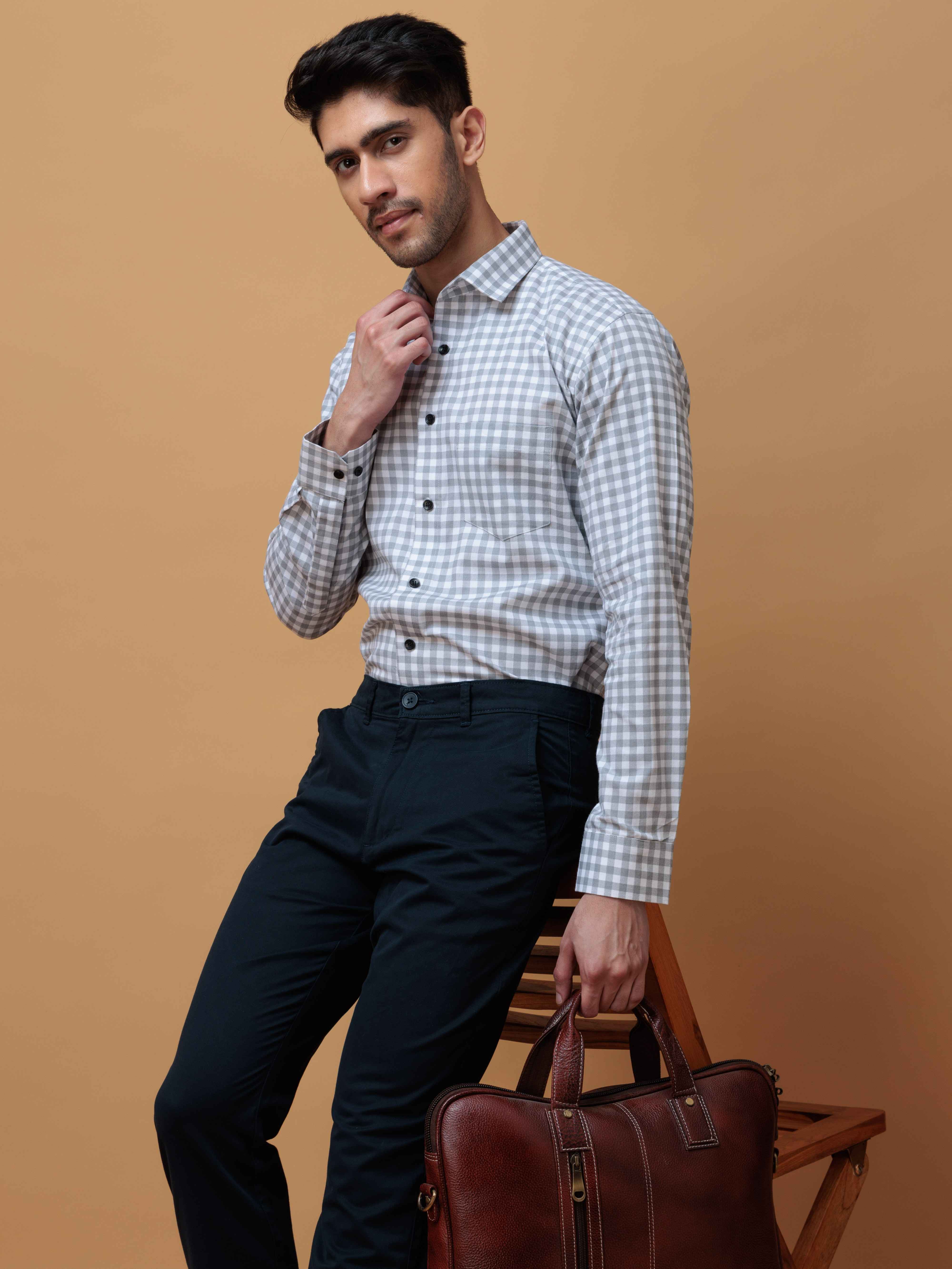 GREY CHECKERED PRINTED COTTON CASUAL SHIRT FOR MEN'S