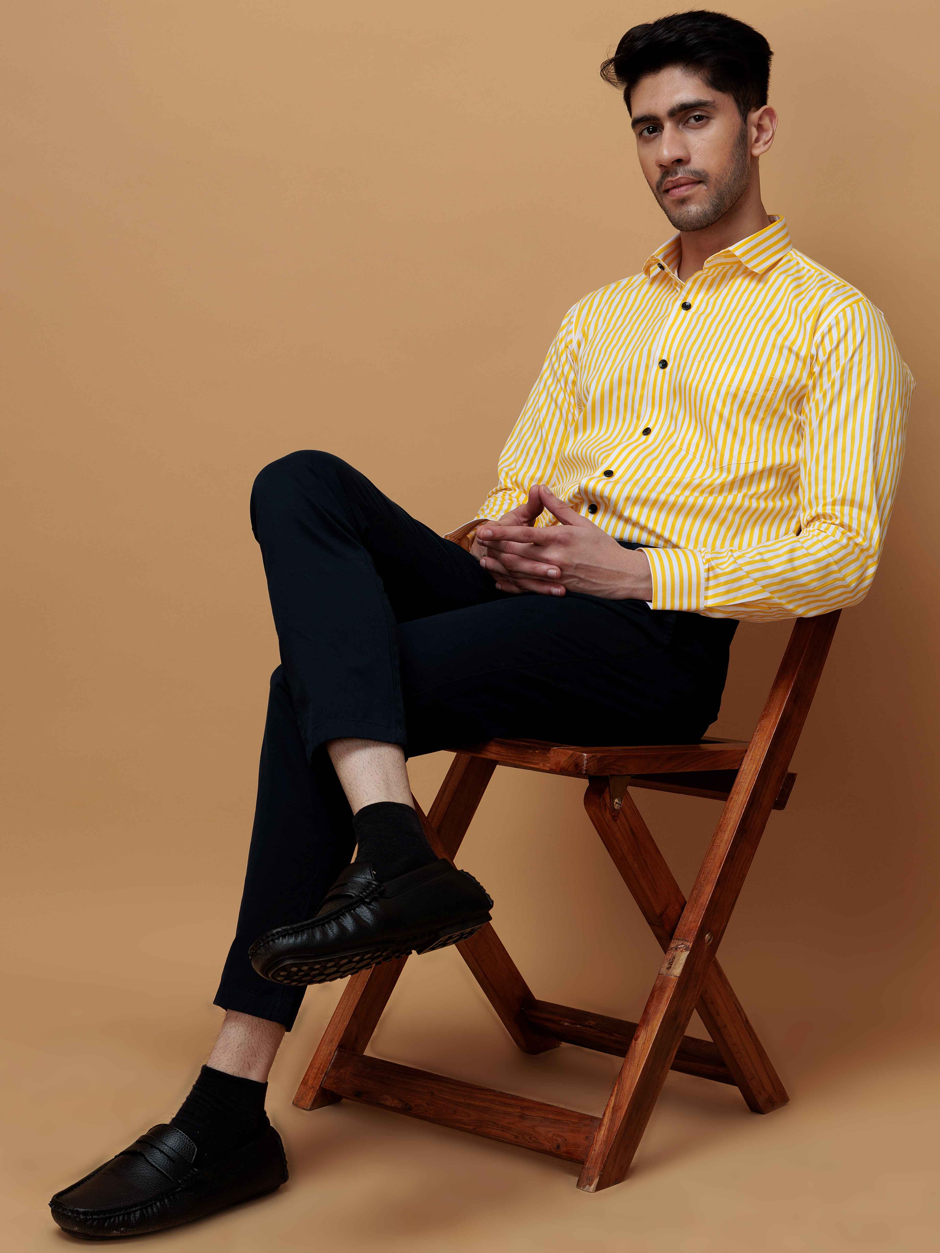 YELLOW STRIPED COTTON REGULAR FIT MEN'S CASUAL SHIRT FOR MEN'S