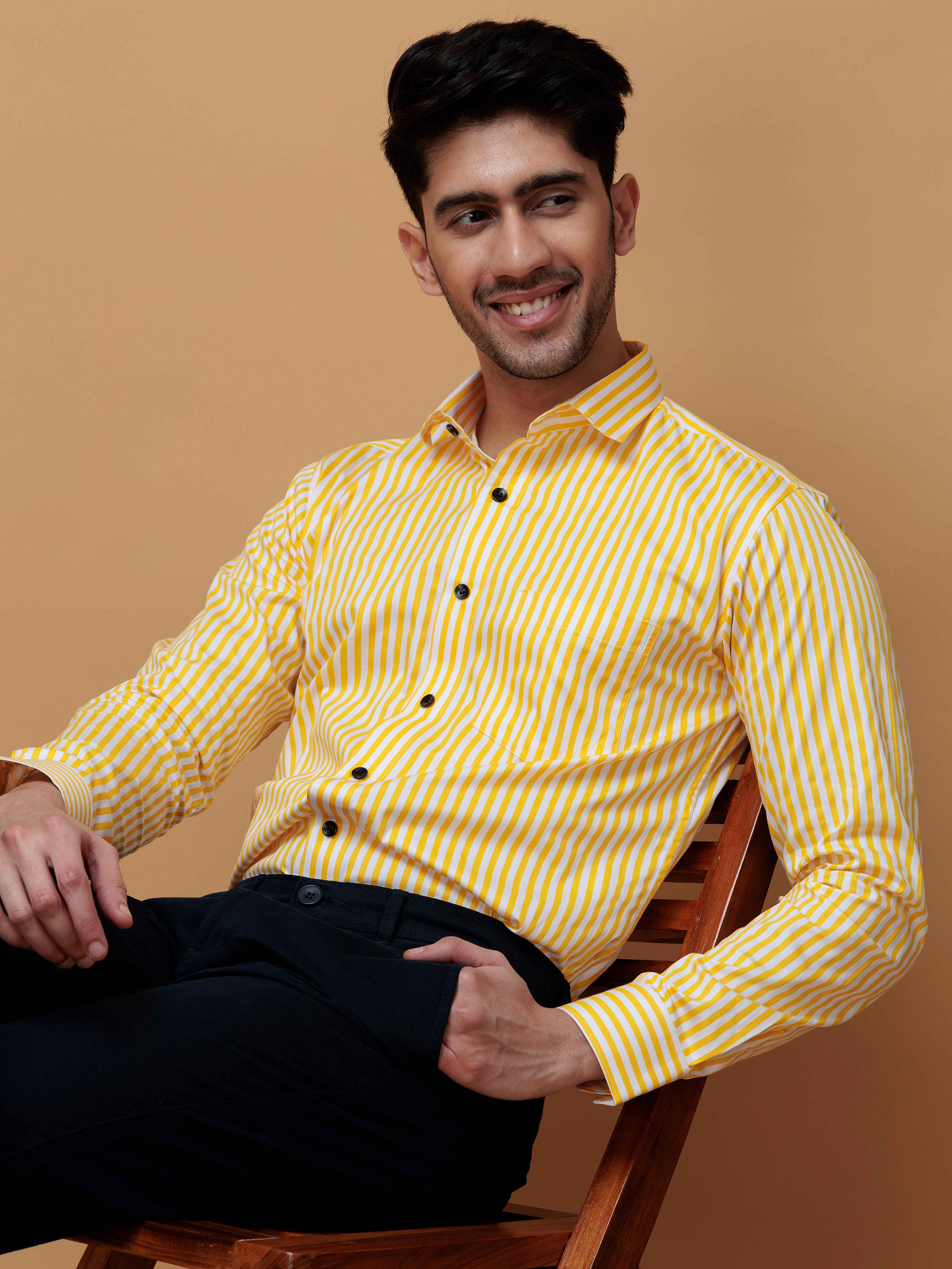 YELLOW STRIPED COTTON REGULAR FIT MEN'S CASUAL SHIRT FOR MEN'S