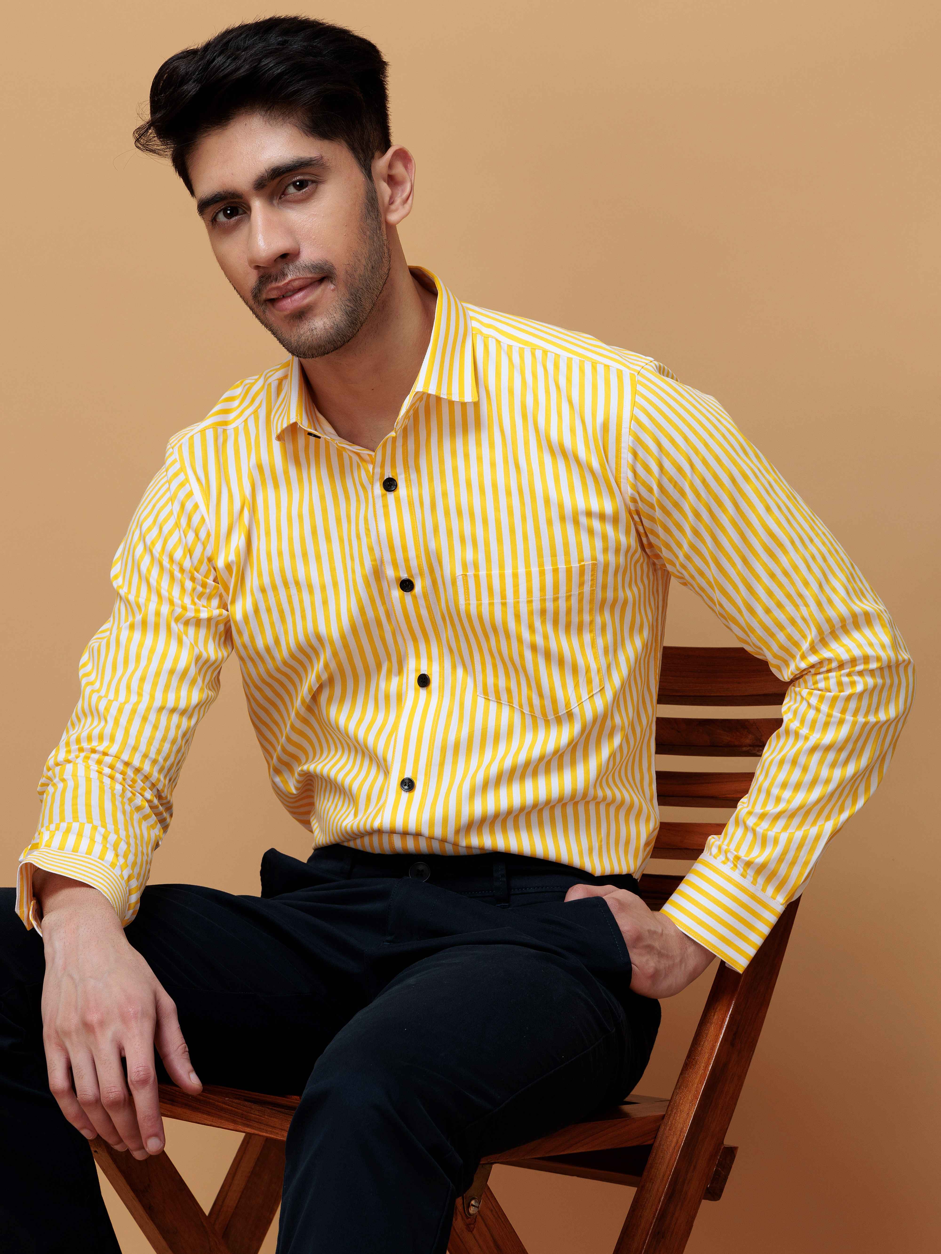 YELLOW STRIPED COTTON REGULAR FIT MEN'S CASUAL SHIRT FOR MEN'S