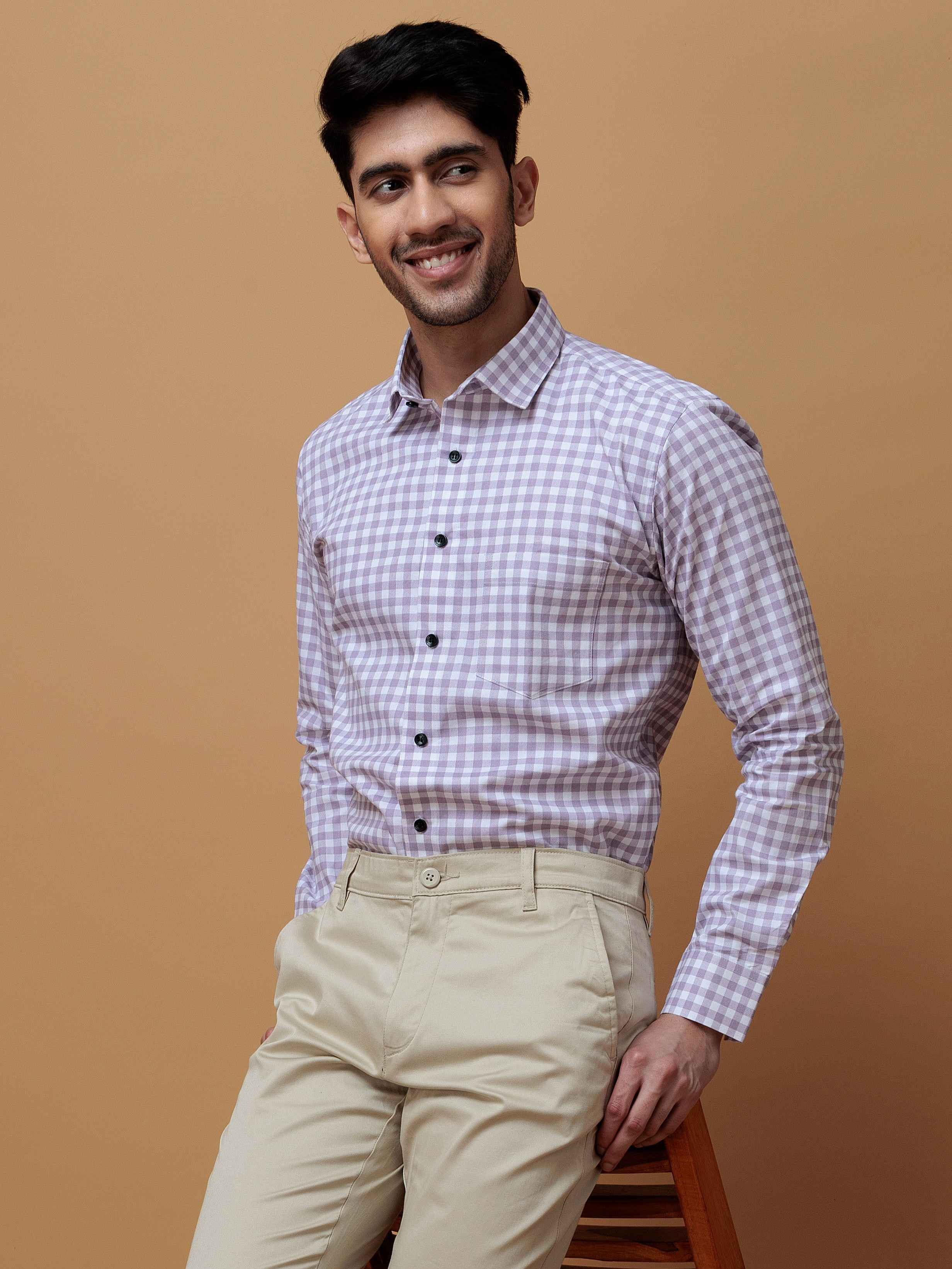 PURPLE CHECKERED PRINTED COTTON CASUAL SHIRT FOR MEN'S