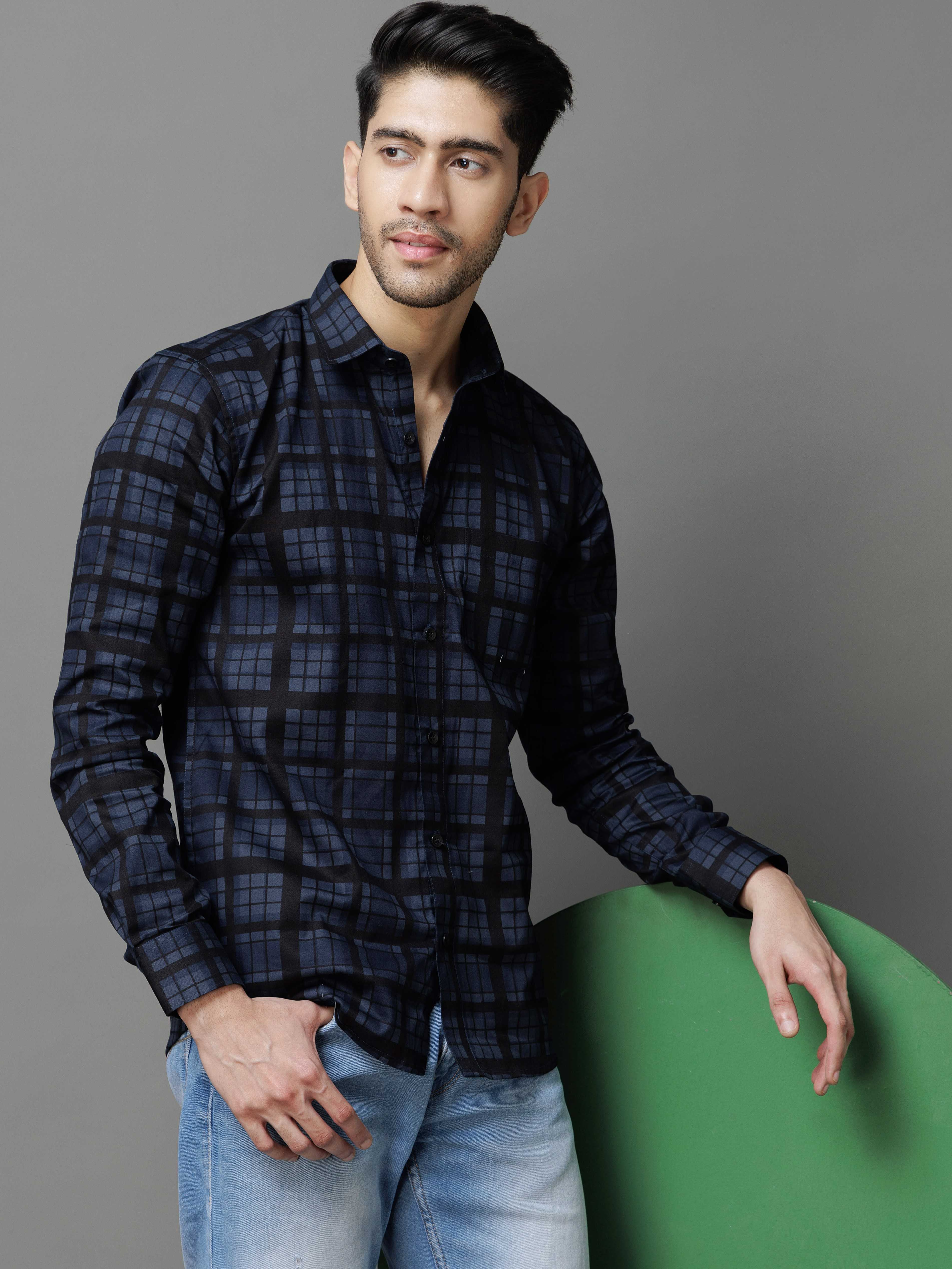 NAVY CHECKS PRINTED COTTON CASUAL SHIRT FOR MEN'S