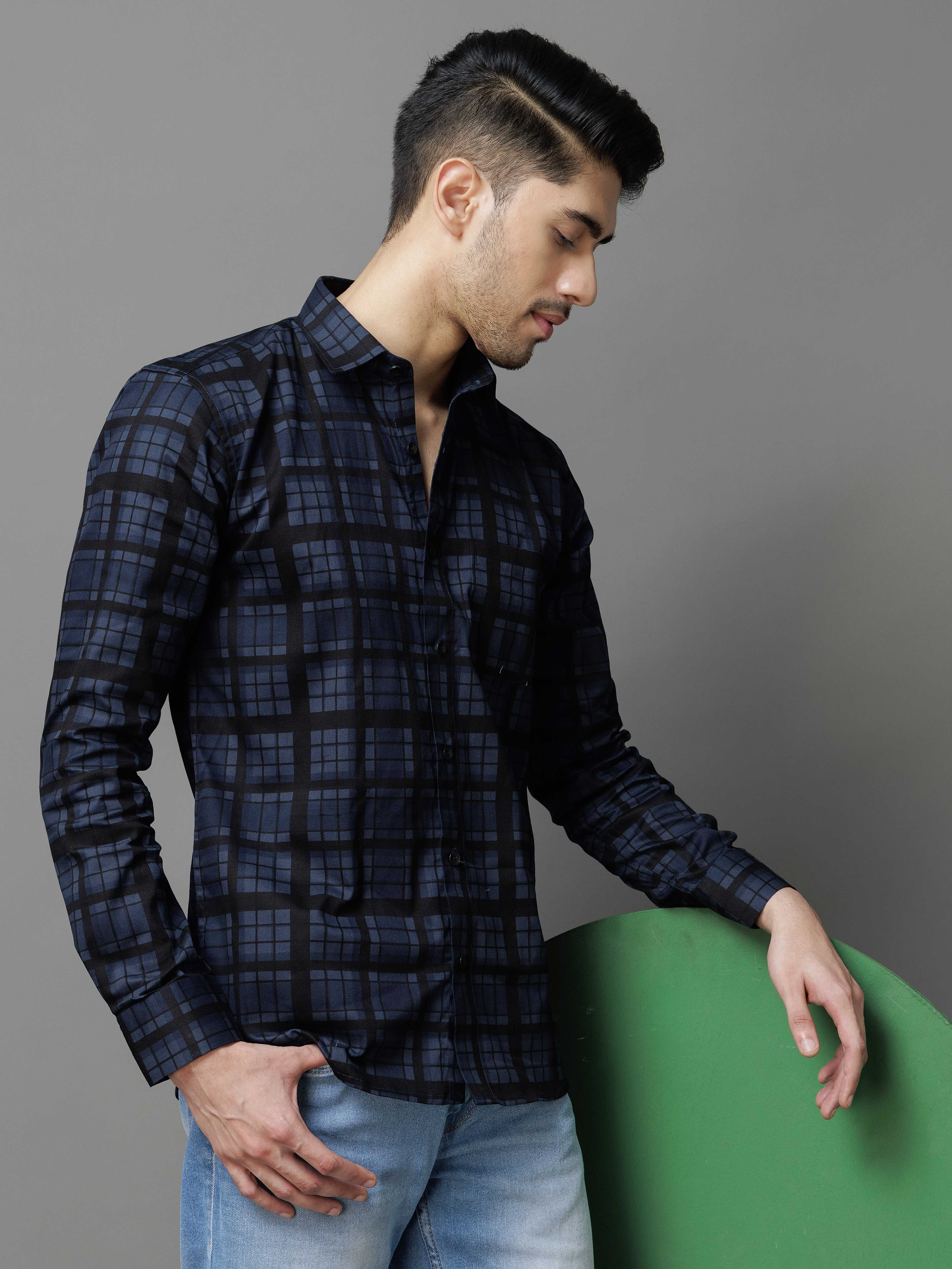NAVY CHECKS PRINTED COTTON CASUAL SHIRT FOR MEN'S
