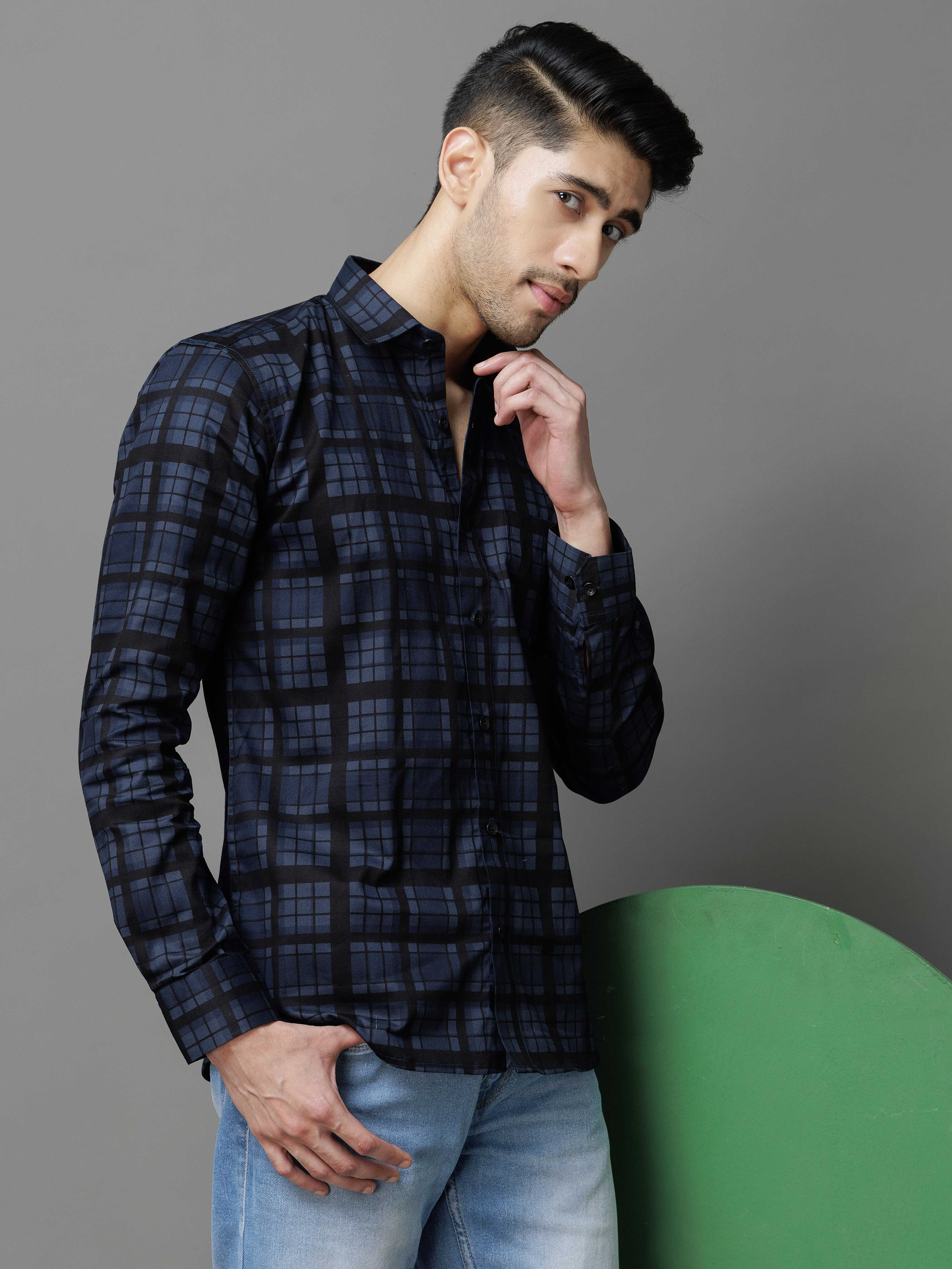 NAVY CHECKS PRINTED COTTON CASUAL SHIRT FOR MEN'S