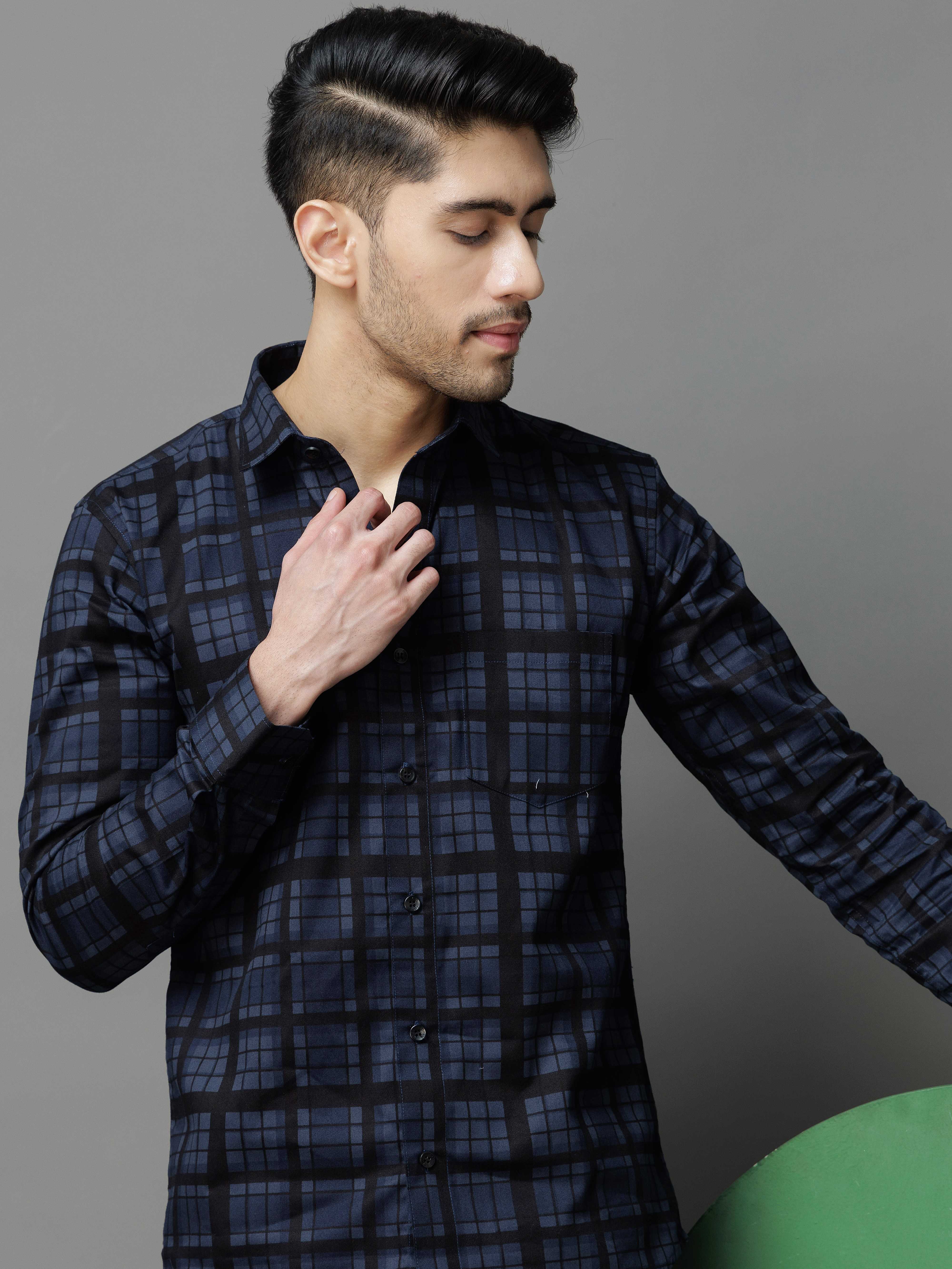 NAVY CHECKS PRINTED COTTON CASUAL SHIRT FOR MEN'S