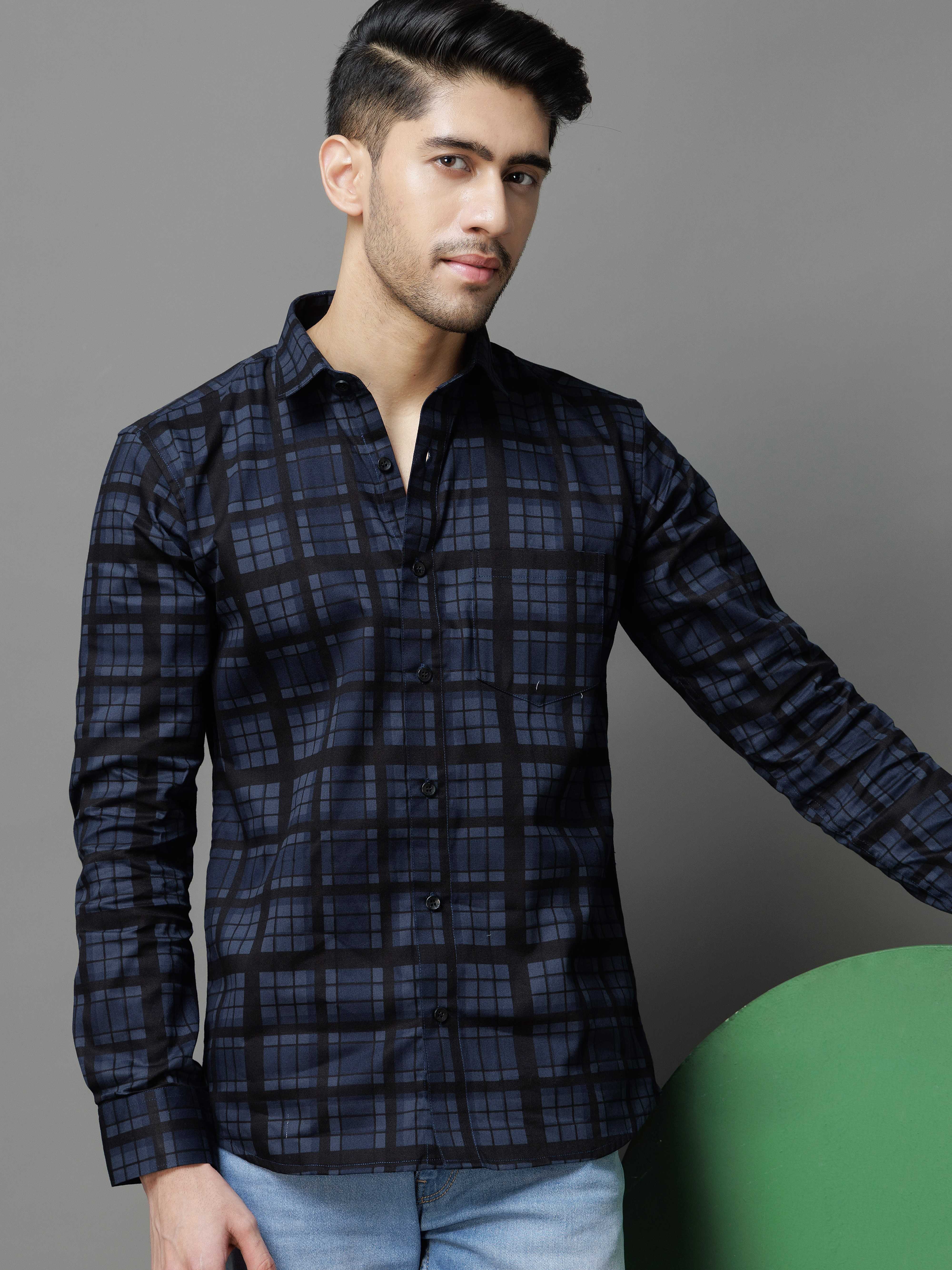 NAVY CHECKS PRINTED COTTON CASUAL SHIRT FOR MEN'S