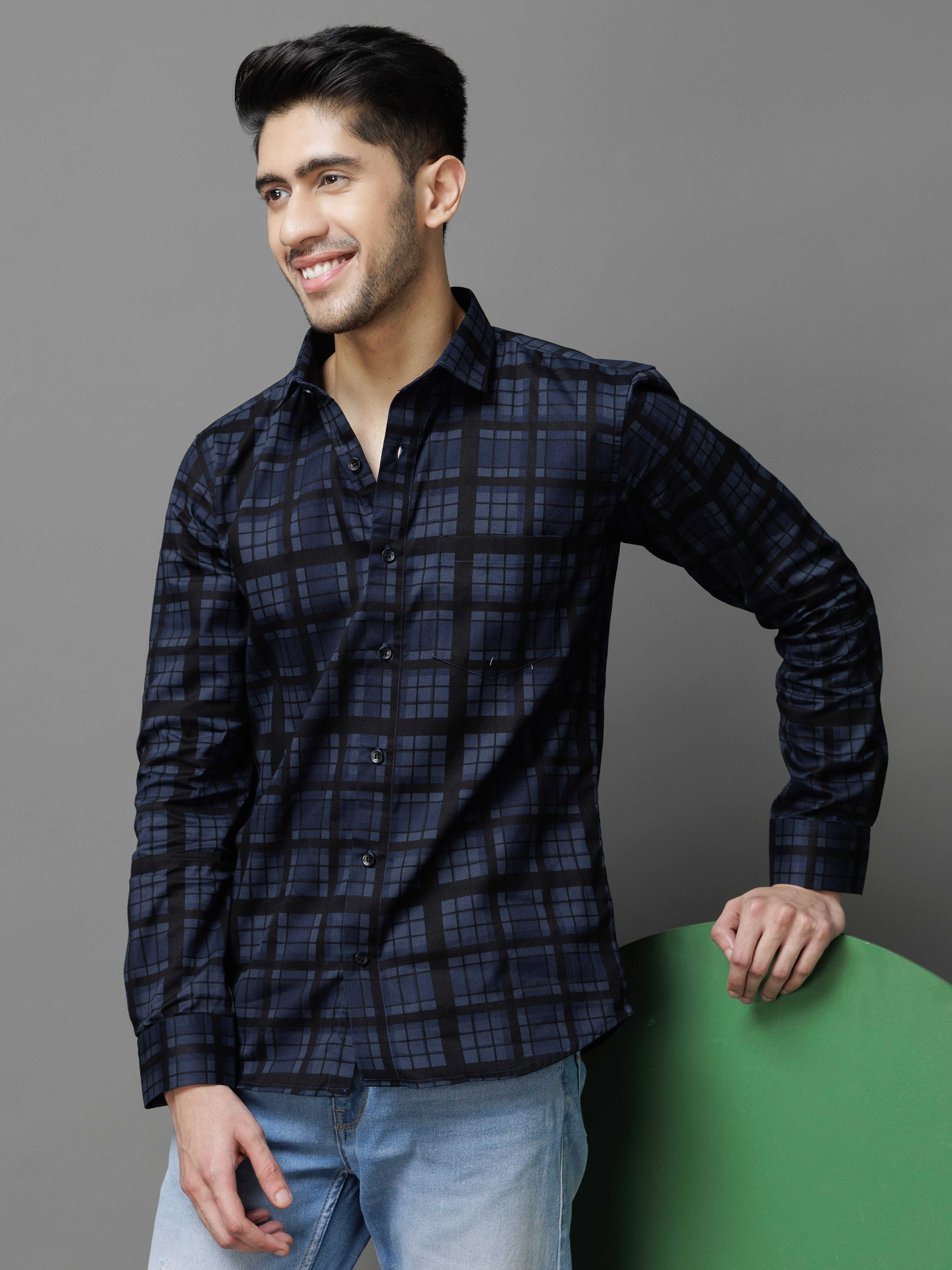 NAVY CHECKS PRINTED COTTON CASUAL SHIRT FOR MEN'S