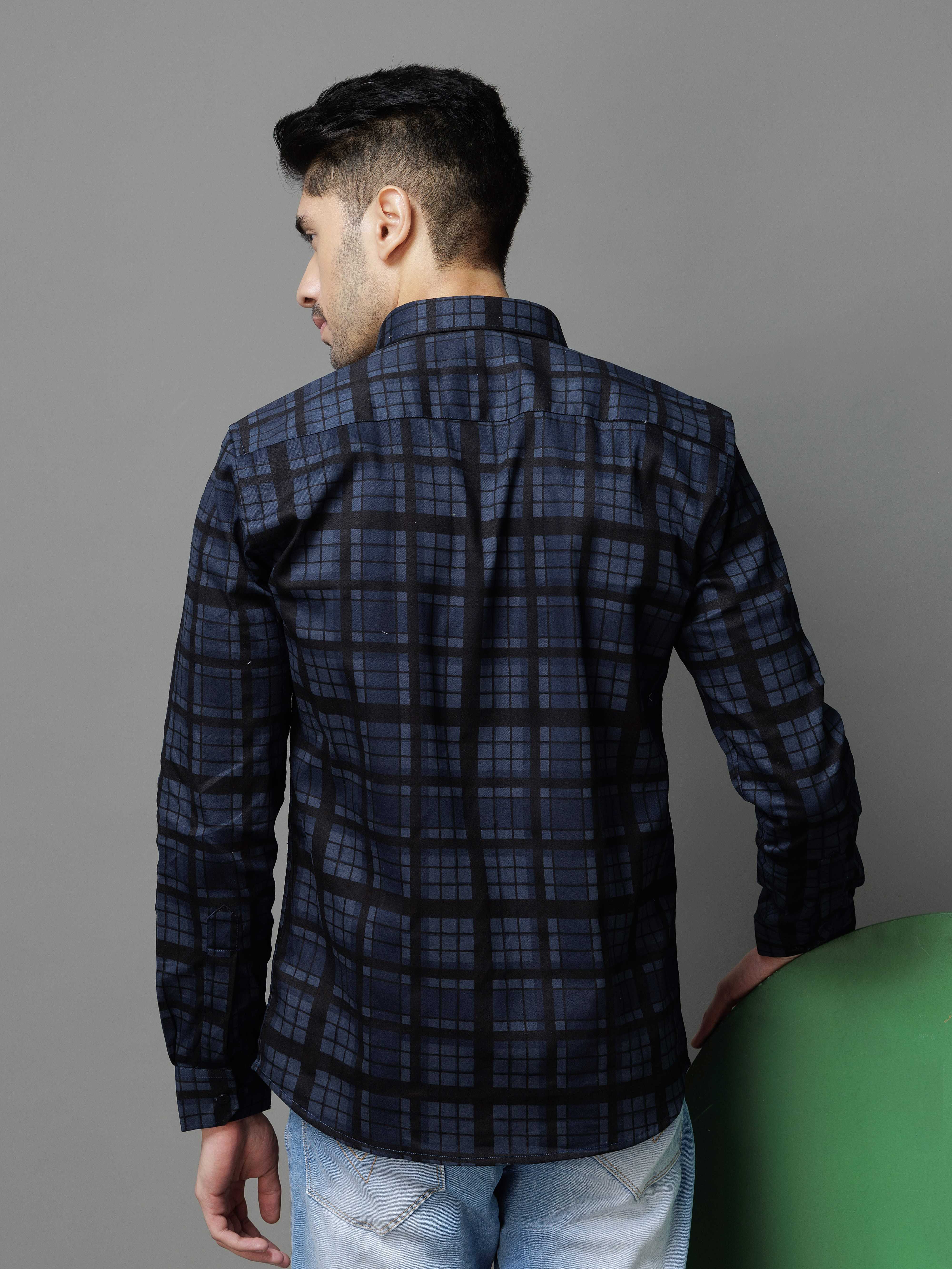 NAVY CHECKS PRINTED COTTON CASUAL SHIRT FOR MEN'S