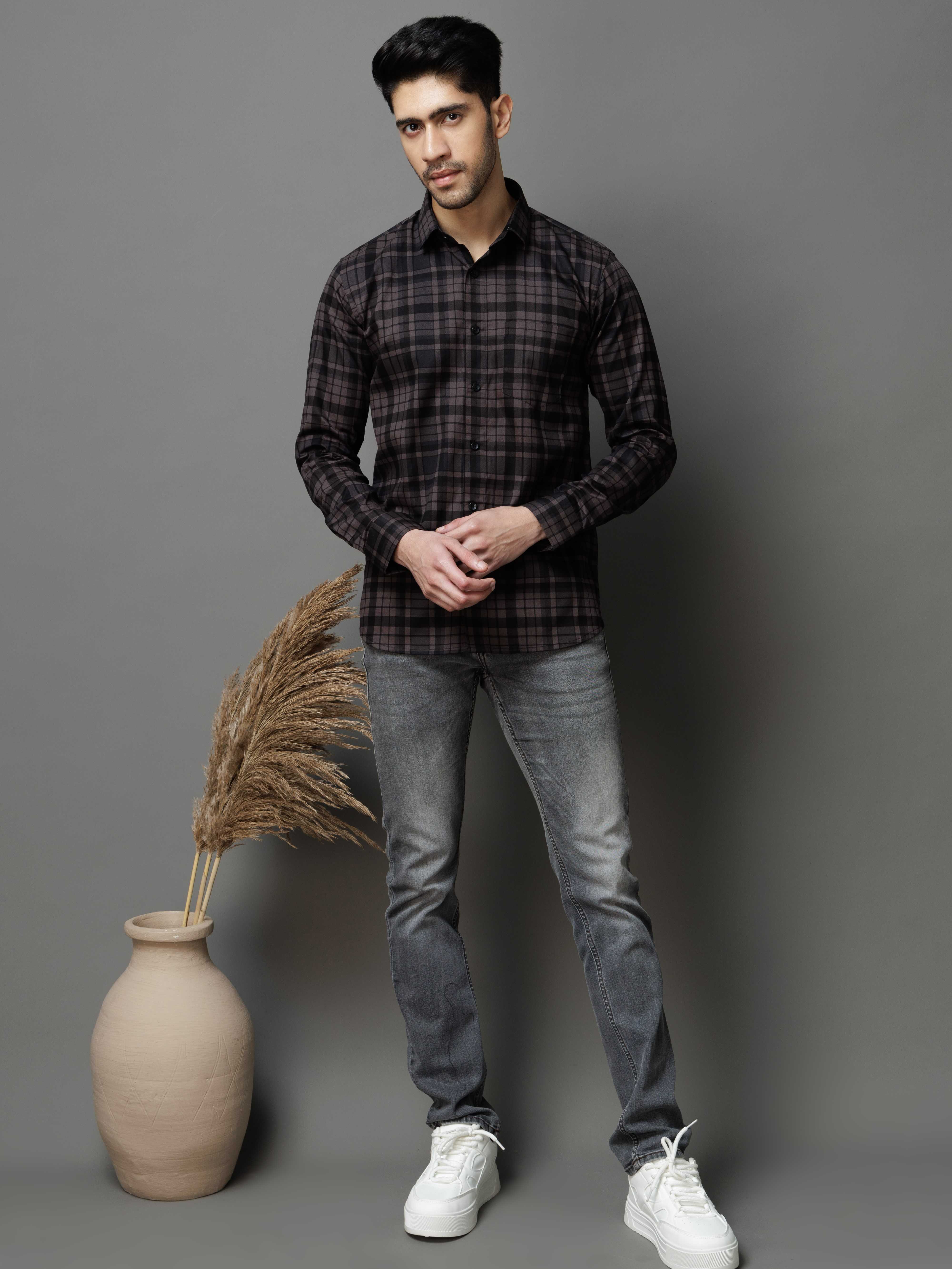 BLACK CHECKS PRINTED COTTON CASUAL SHIRT FOR MEN'S