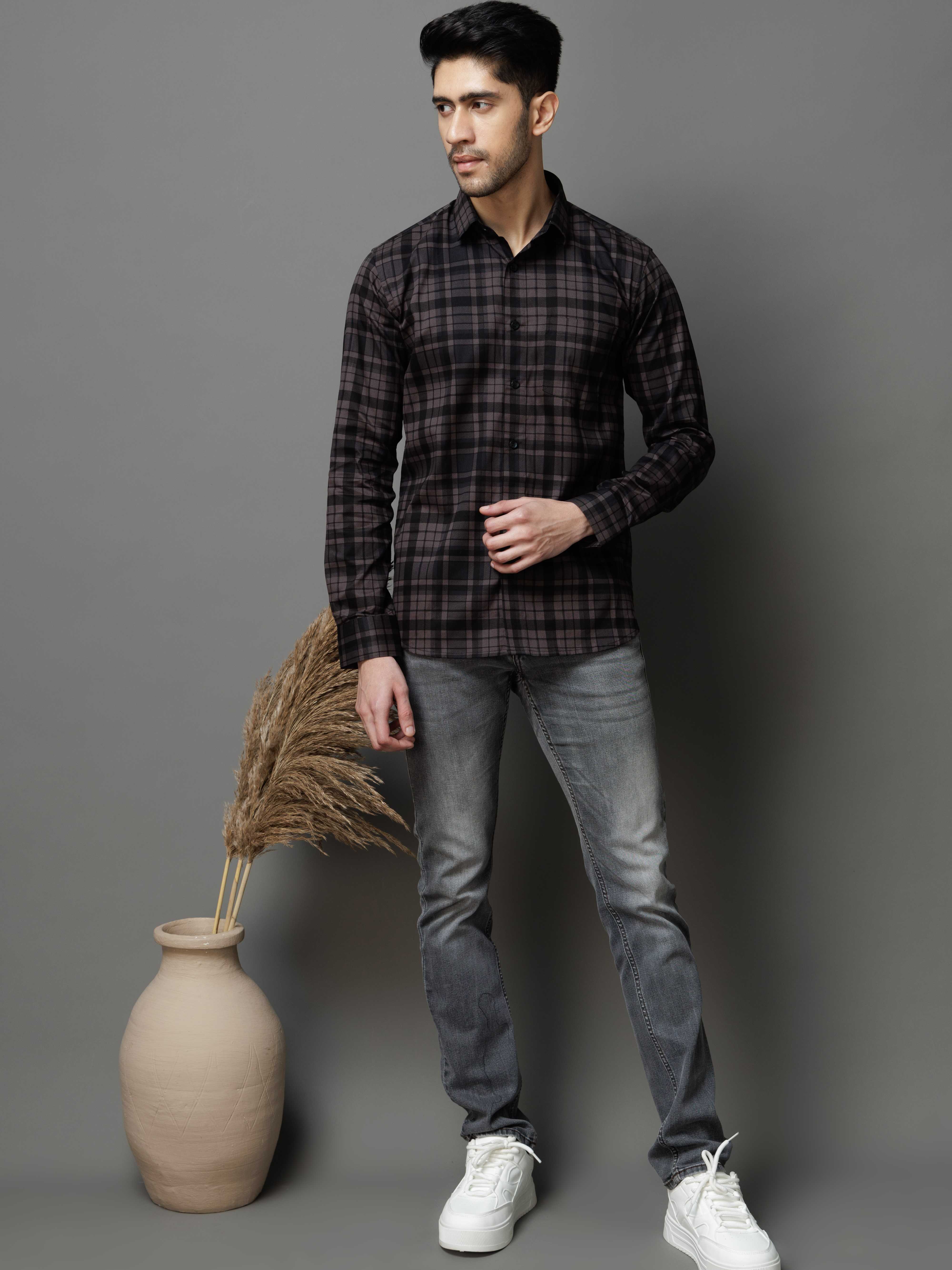 BLACK CHECKS PRINTED COTTON CASUAL SHIRT FOR MEN'S