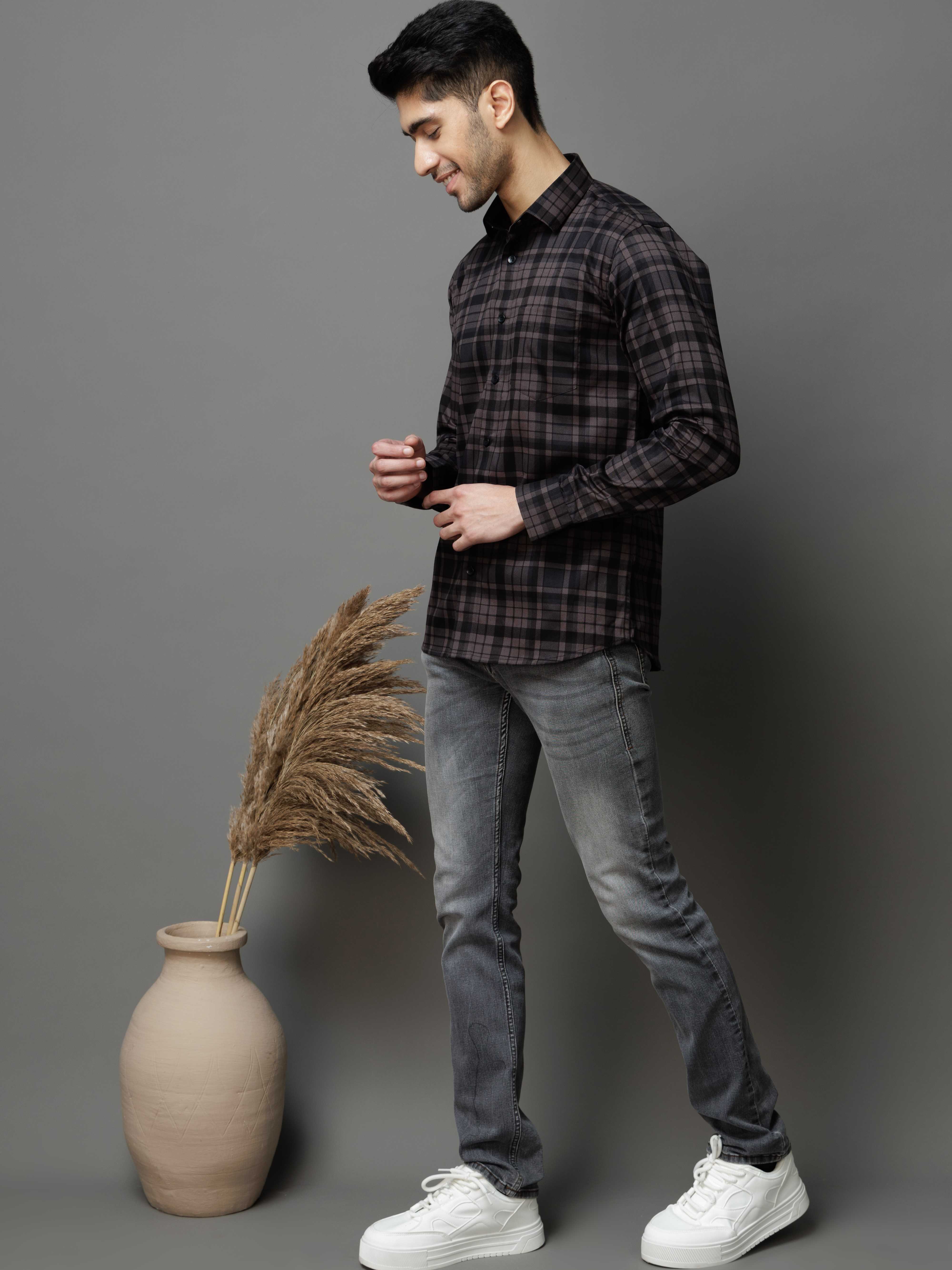 BLACK CHECKS PRINTED COTTON CASUAL SHIRT FOR MEN'S