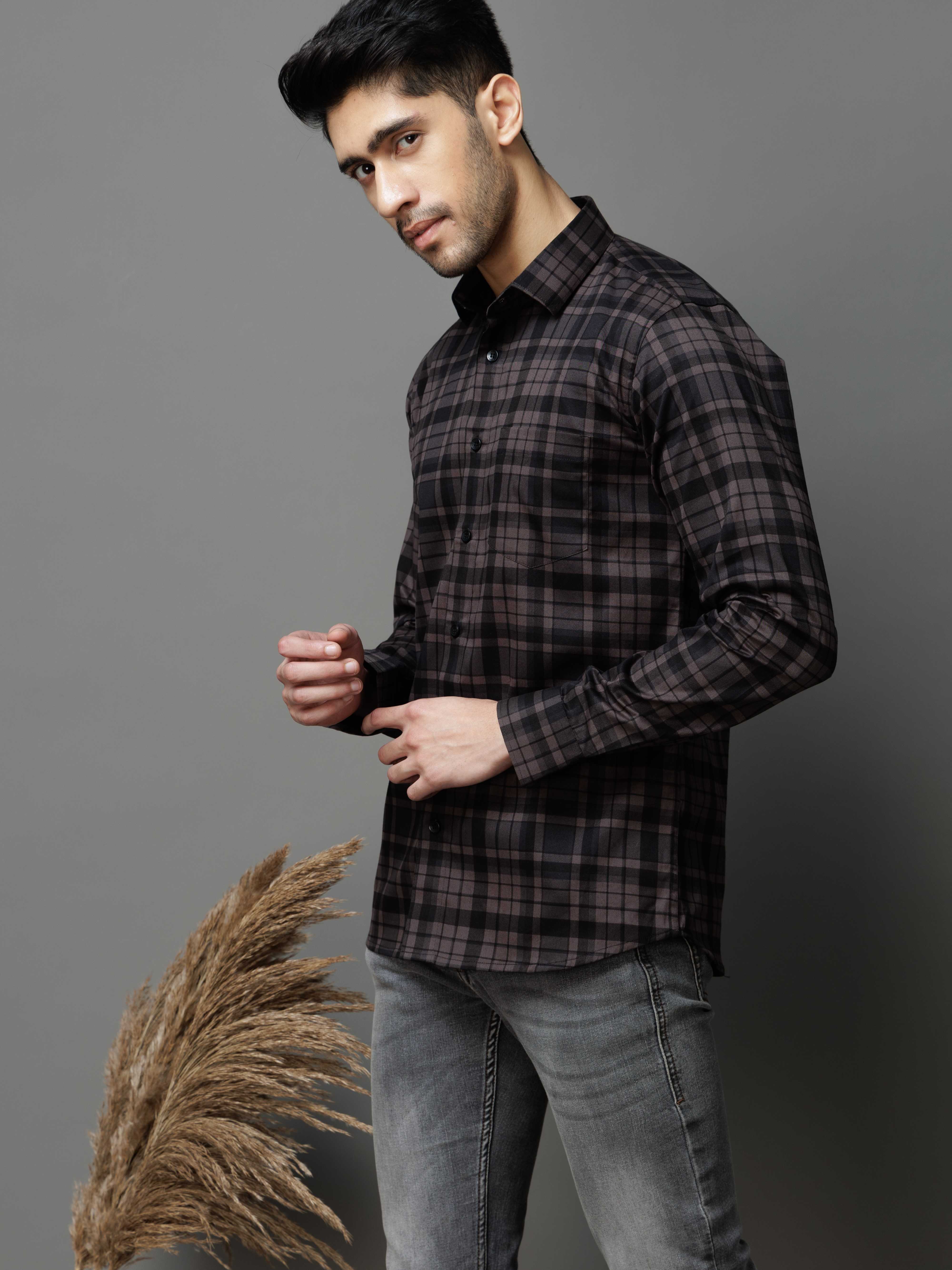BLACK CHECKS PRINTED COTTON CASUAL SHIRT FOR MEN'S