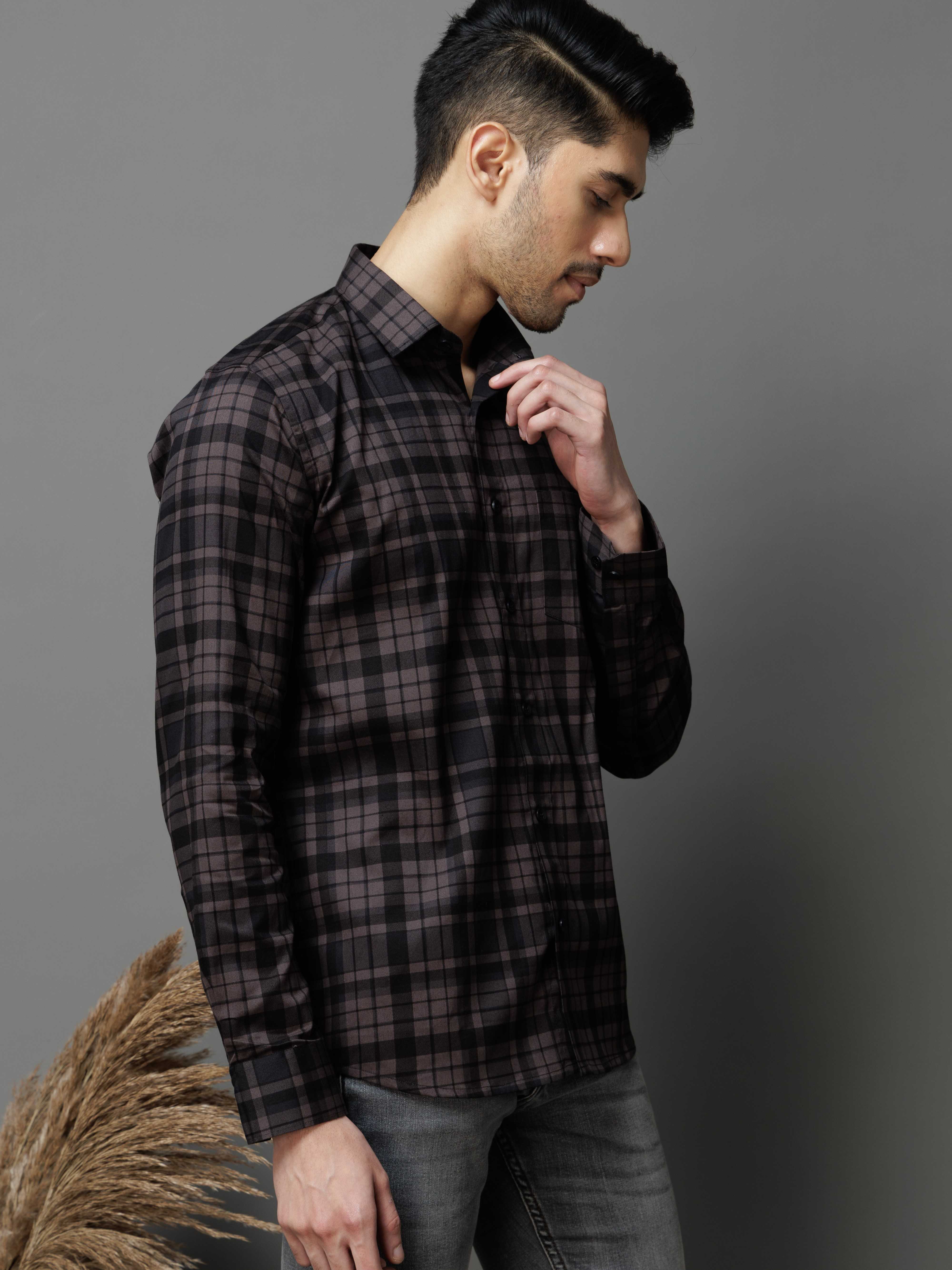 BLACK CHECKS PRINTED COTTON CASUAL SHIRT FOR MEN'S