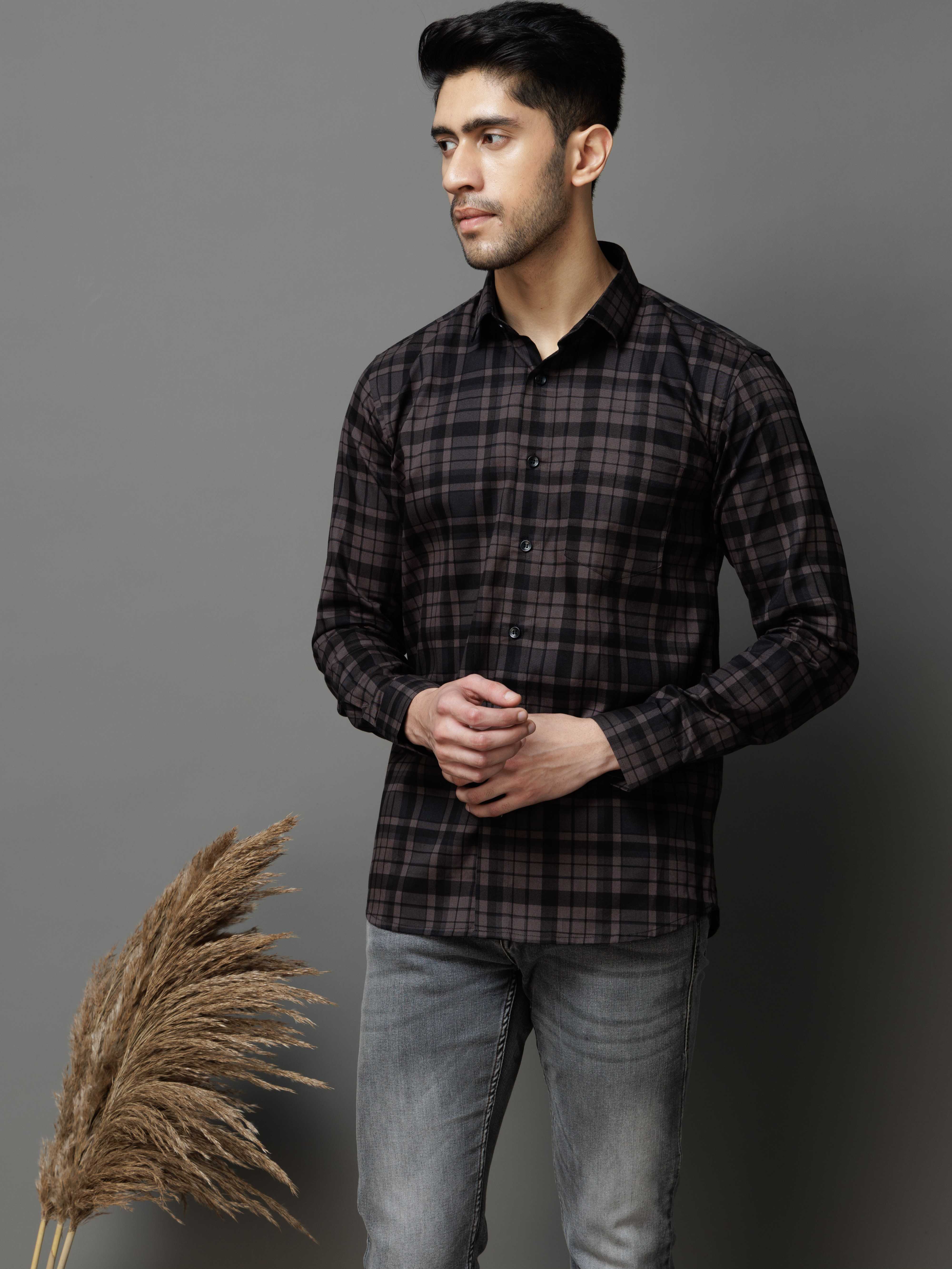 BLACK CHECKS PRINTED COTTON CASUAL SHIRT FOR MEN'S