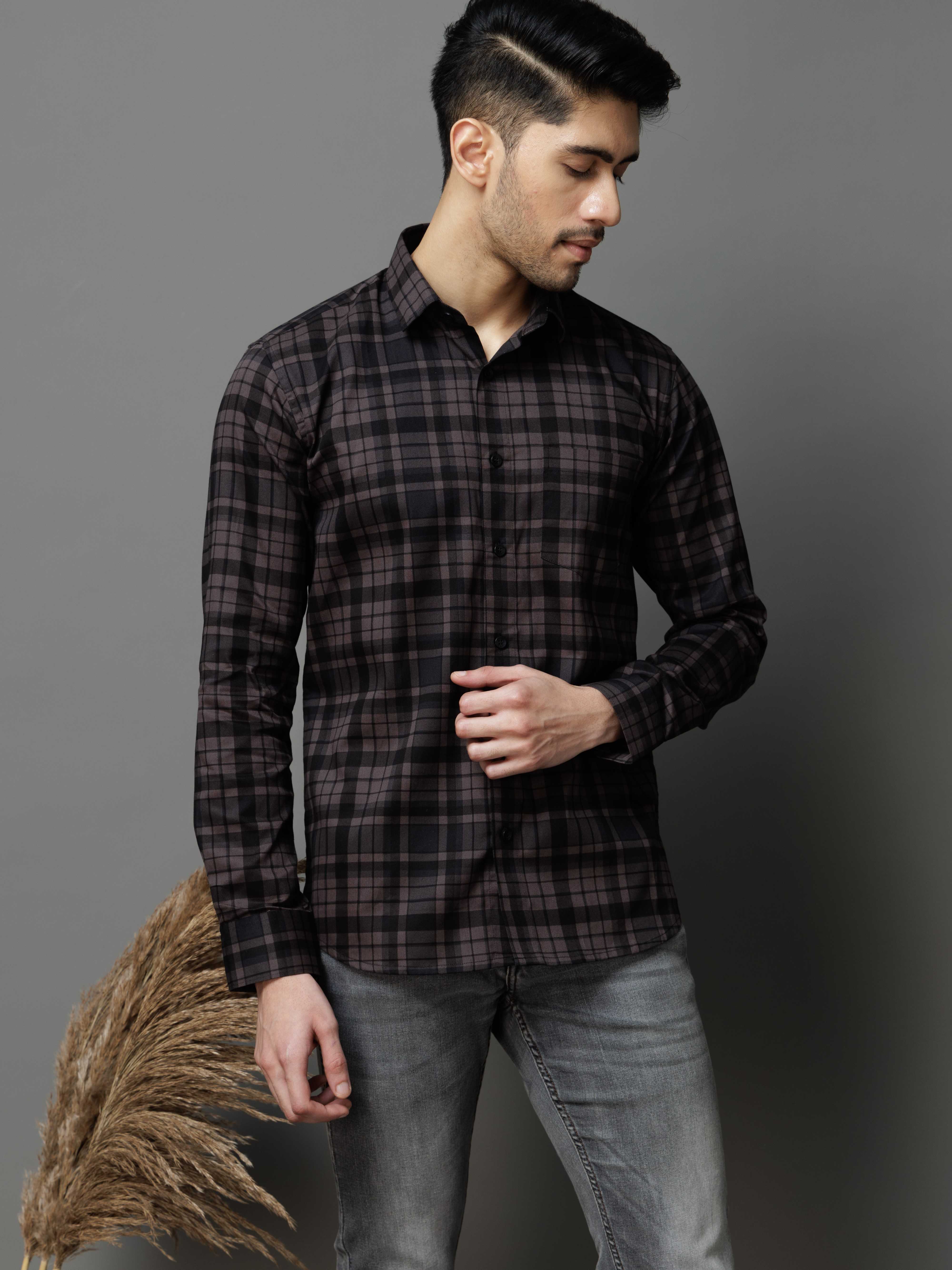 BLACK CHECKS PRINTED COTTON CASUAL SHIRT FOR MEN'S