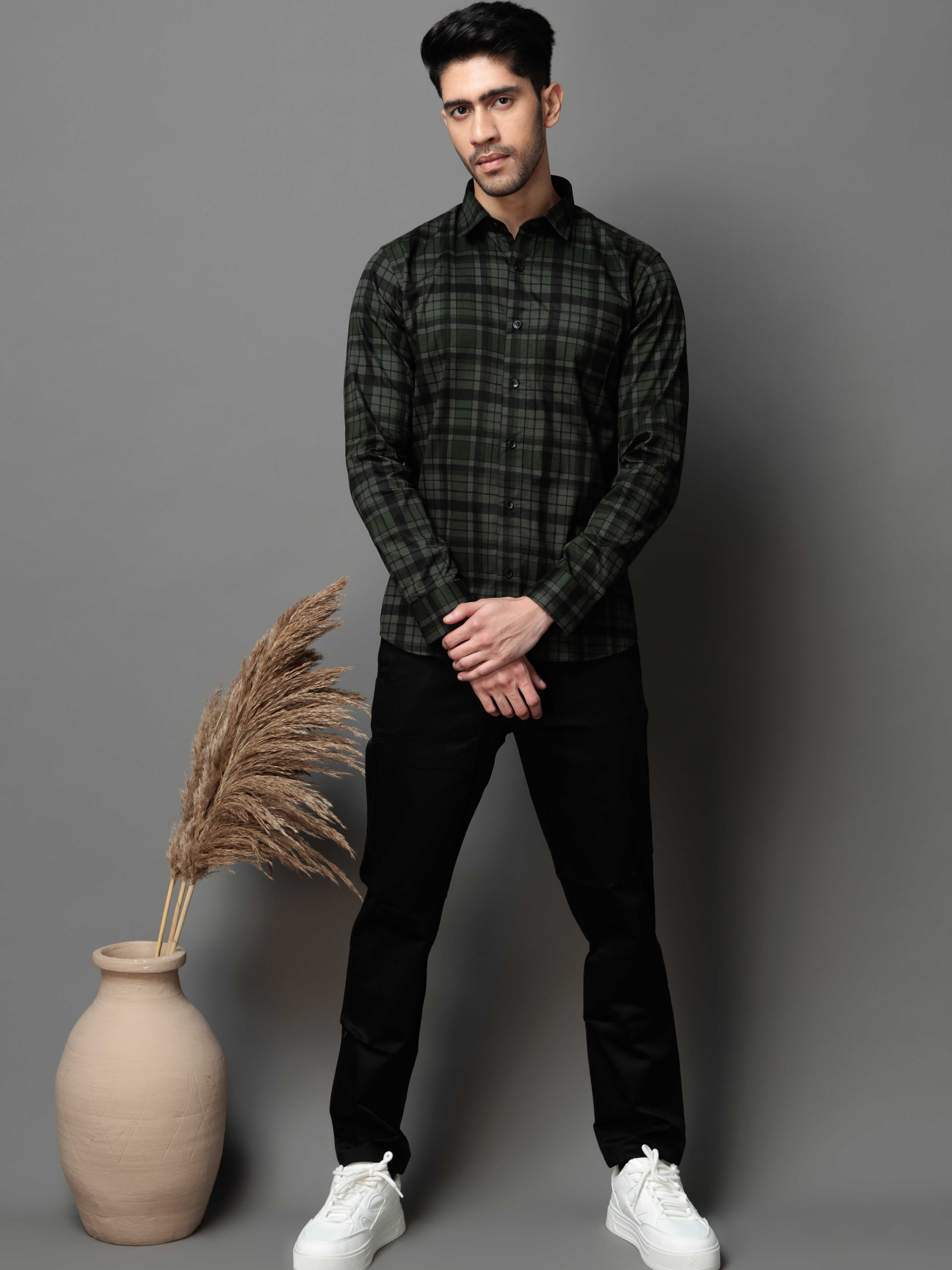 GREEN CHECKS PRINTED COTTON CASUAL SHIRT FOR MEN'S