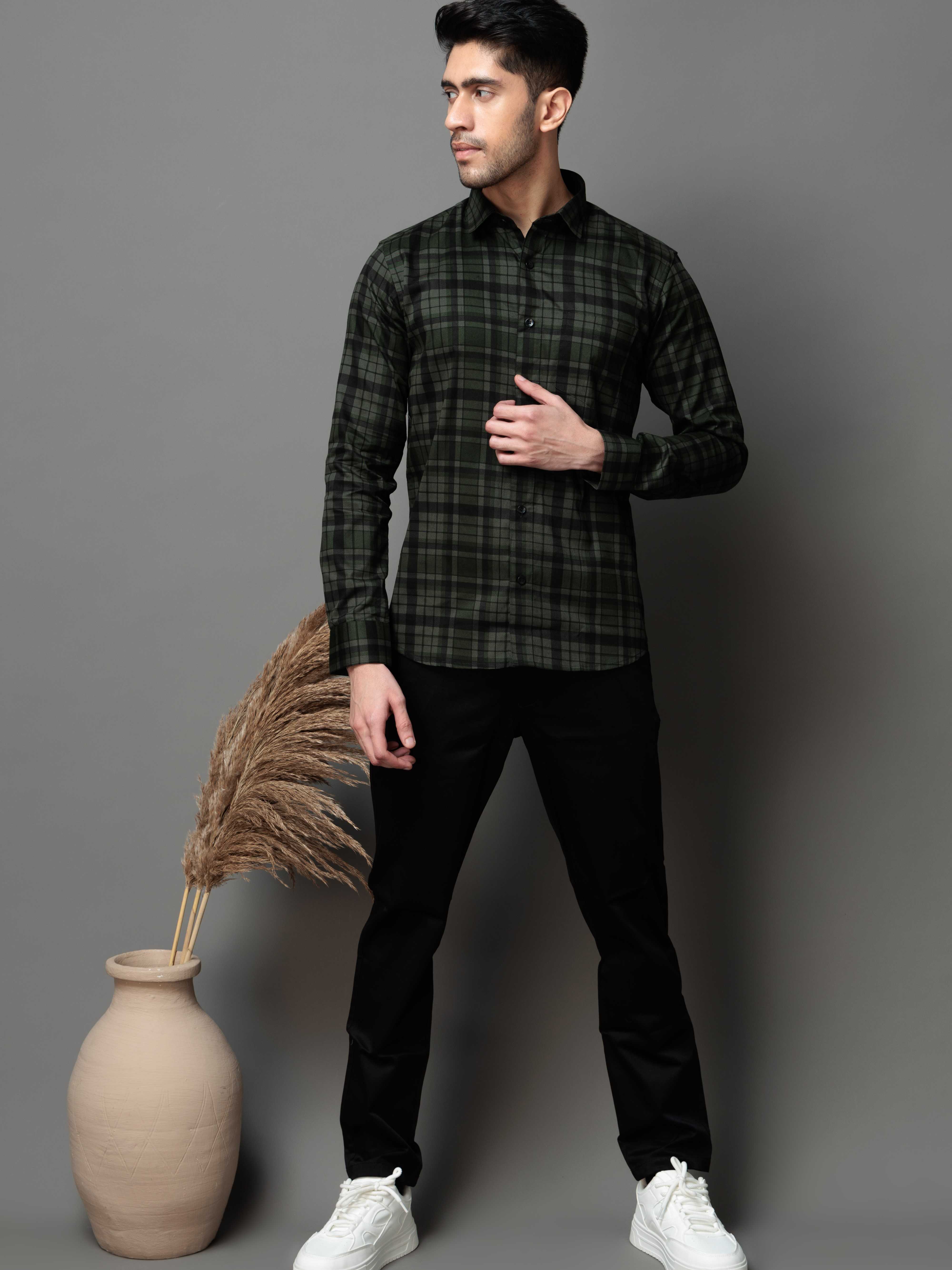 GREEN CHECKS PRINTED COTTON CASUAL SHIRT FOR MEN'S