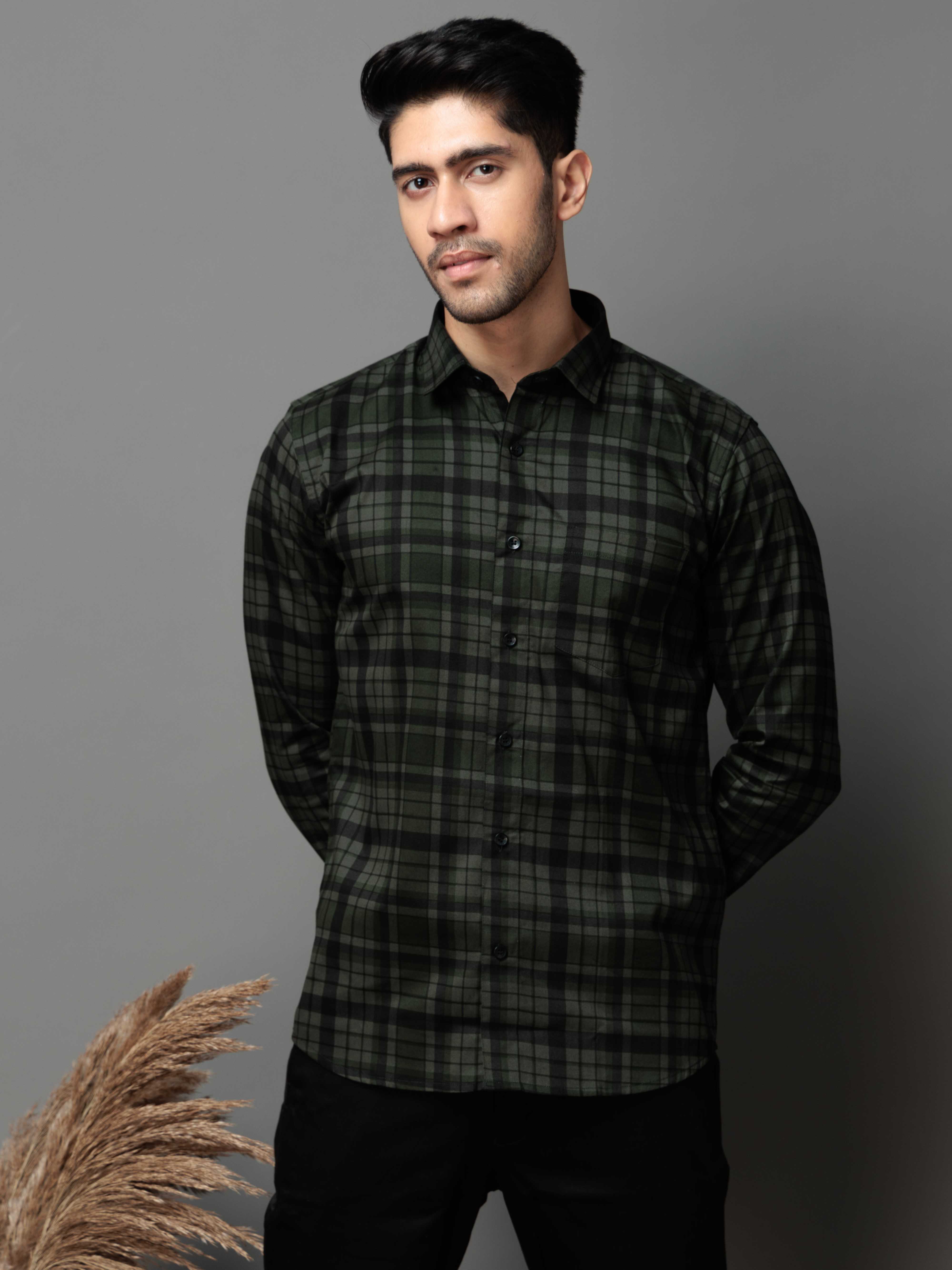 GREEN CHECKS PRINTED COTTON CASUAL SHIRT FOR MEN'S