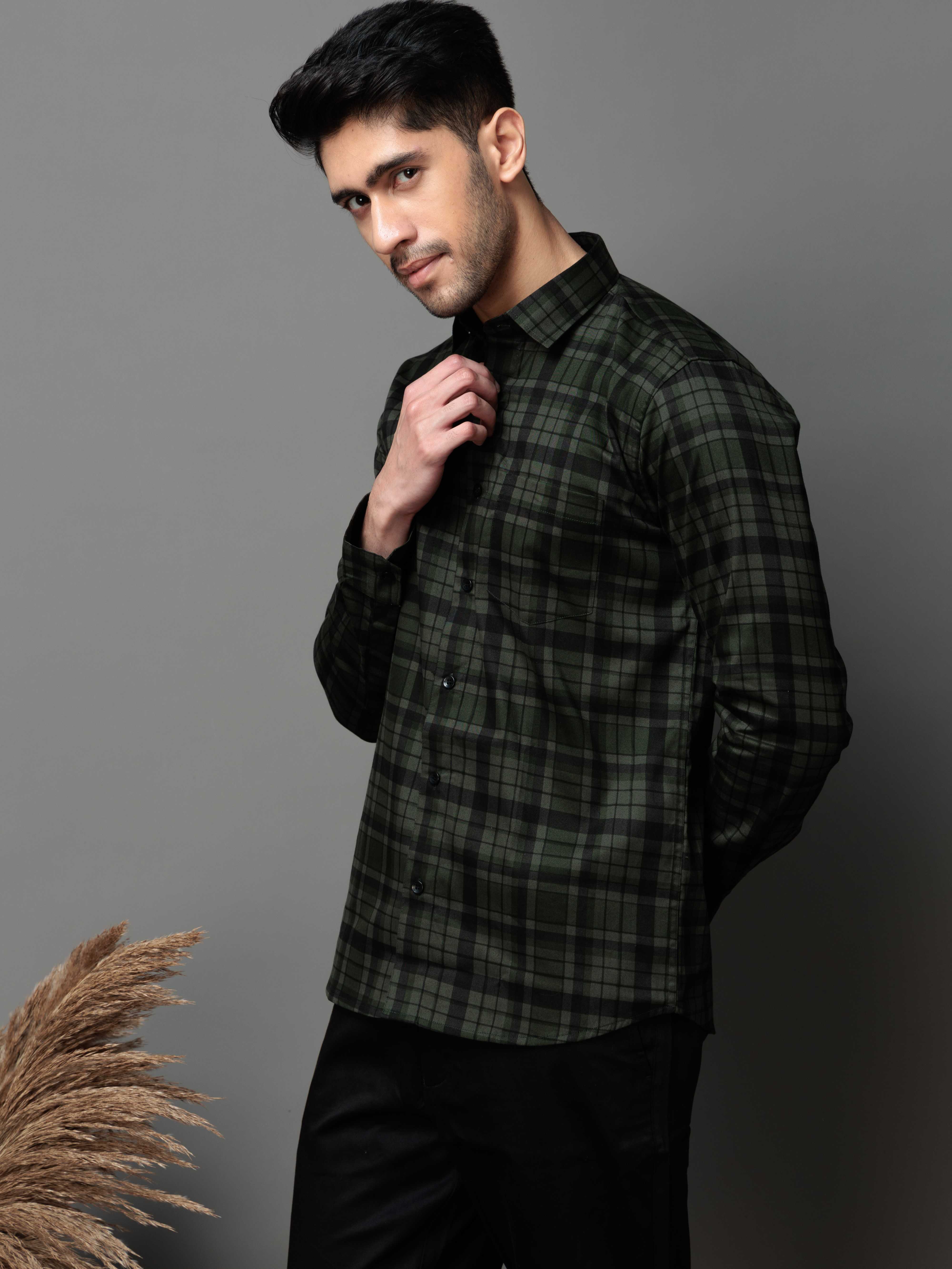 GREEN CHECKS PRINTED COTTON CASUAL SHIRT FOR MEN'S