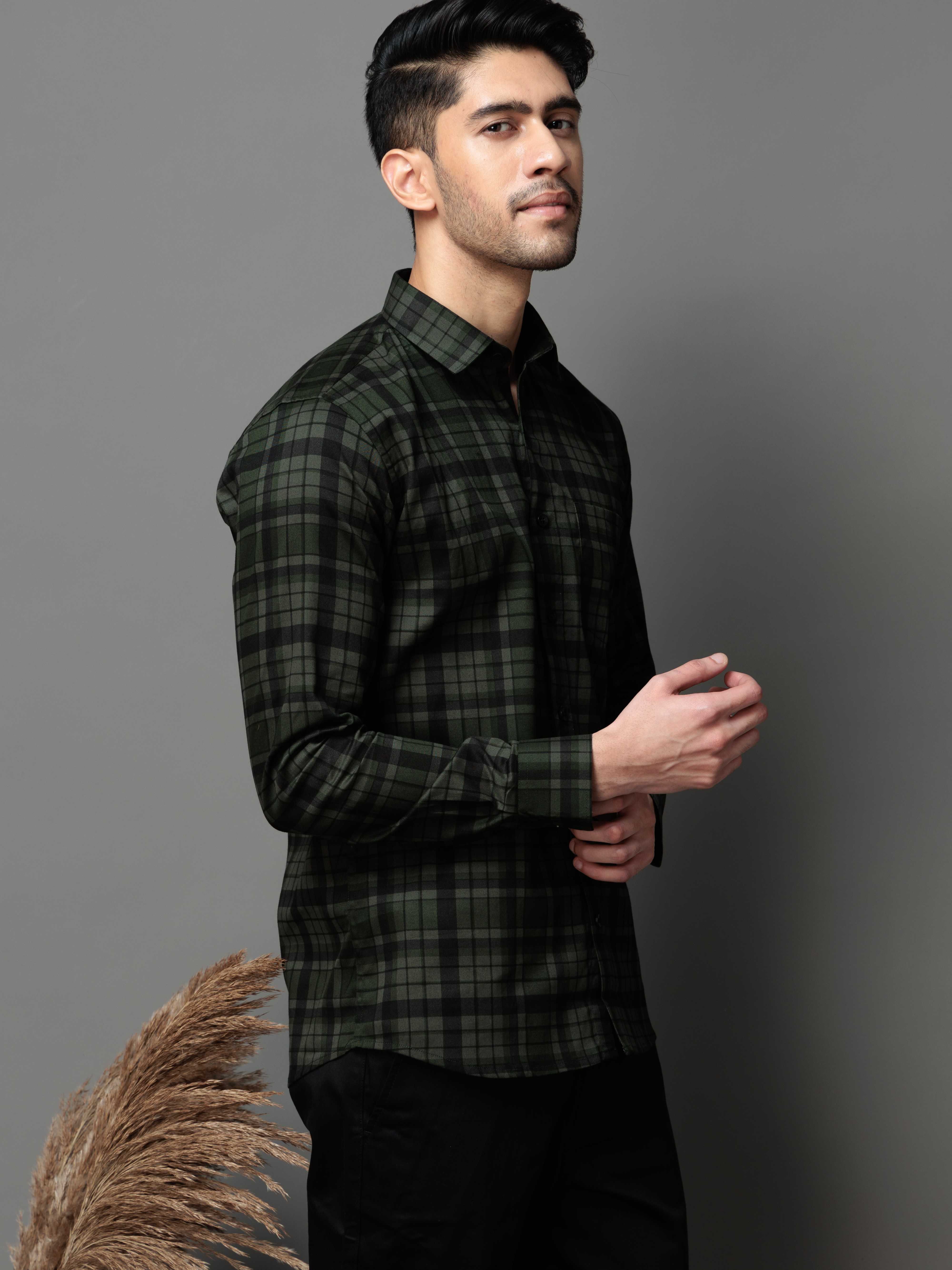 GREEN CHECKS PRINTED COTTON CASUAL SHIRT FOR MEN'S