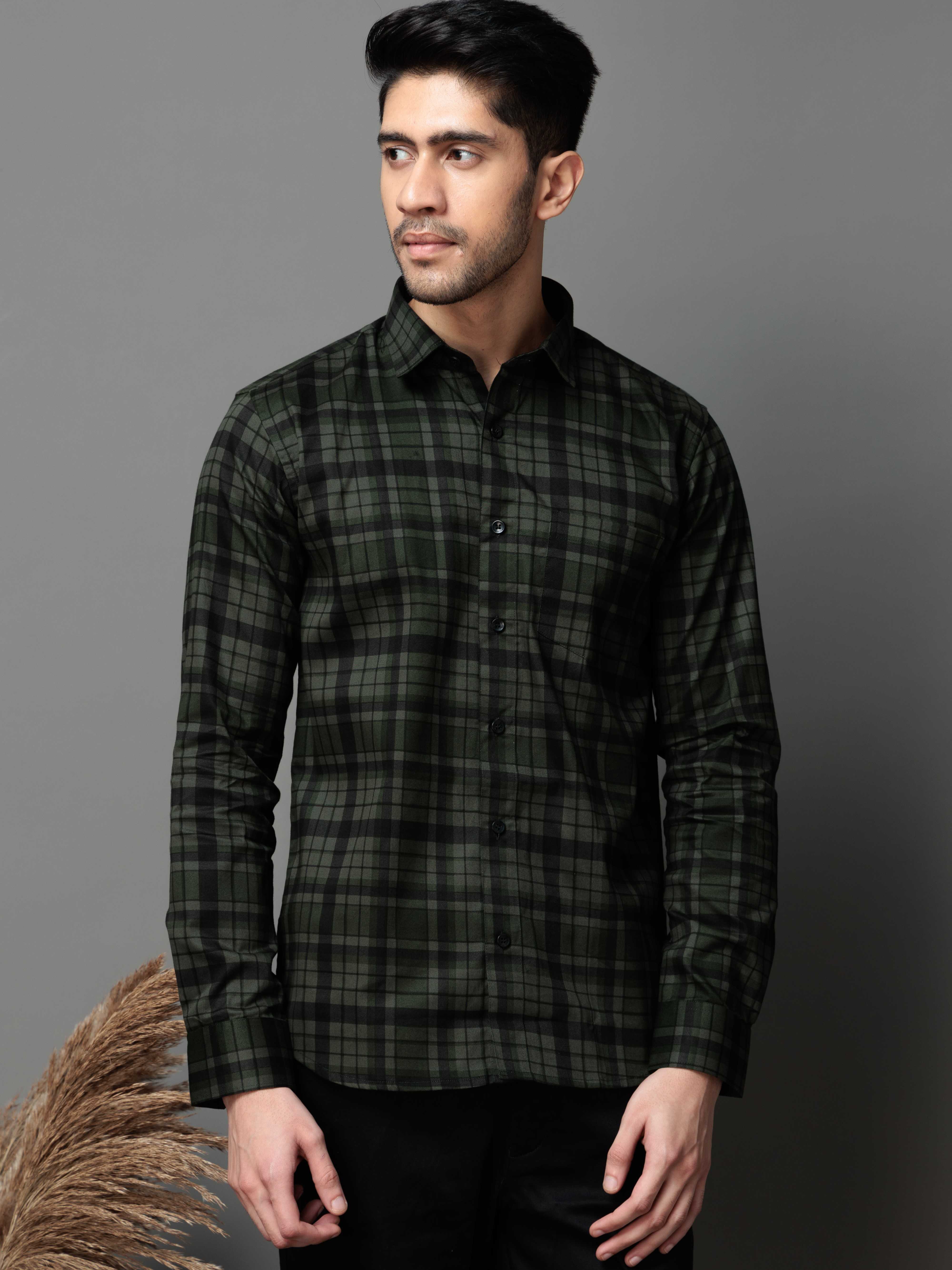 GREEN CHECKS PRINTED COTTON CASUAL SHIRT FOR MEN'S