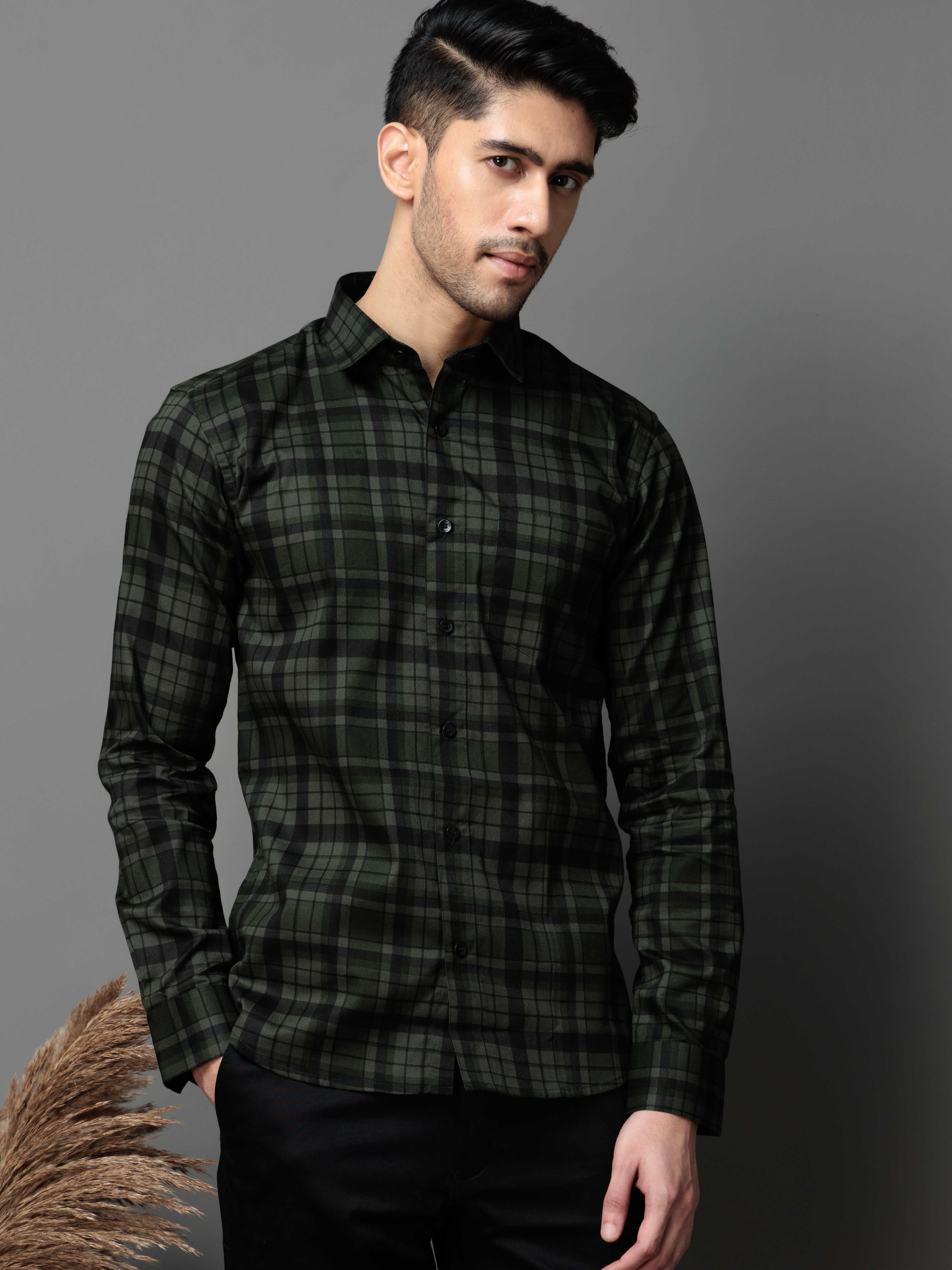 GREEN CHECKS PRINTED COTTON CASUAL SHIRT FOR MEN'S