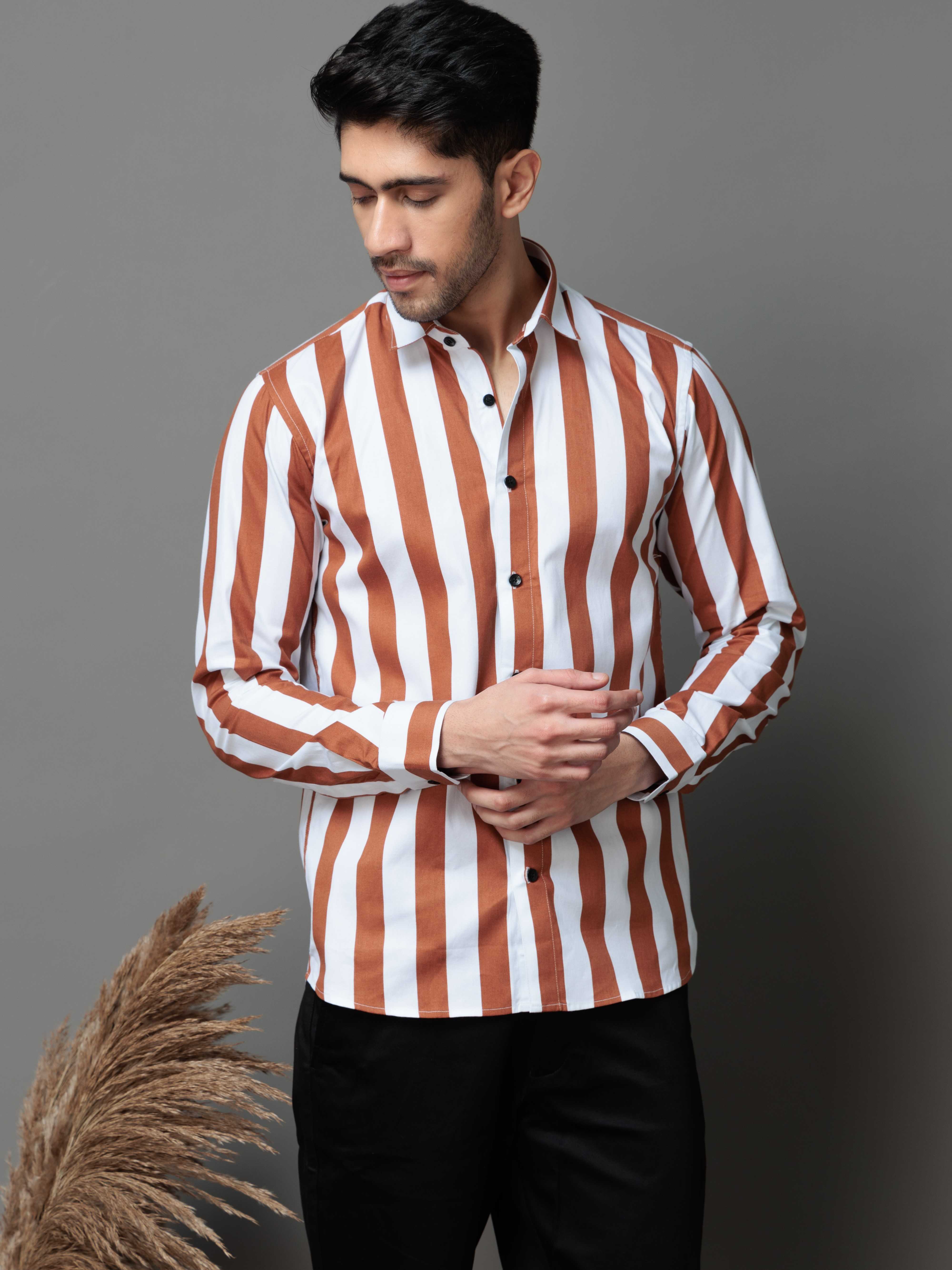 METALLIC ORANGE STRIPED COTTON CASUAL SHIRT