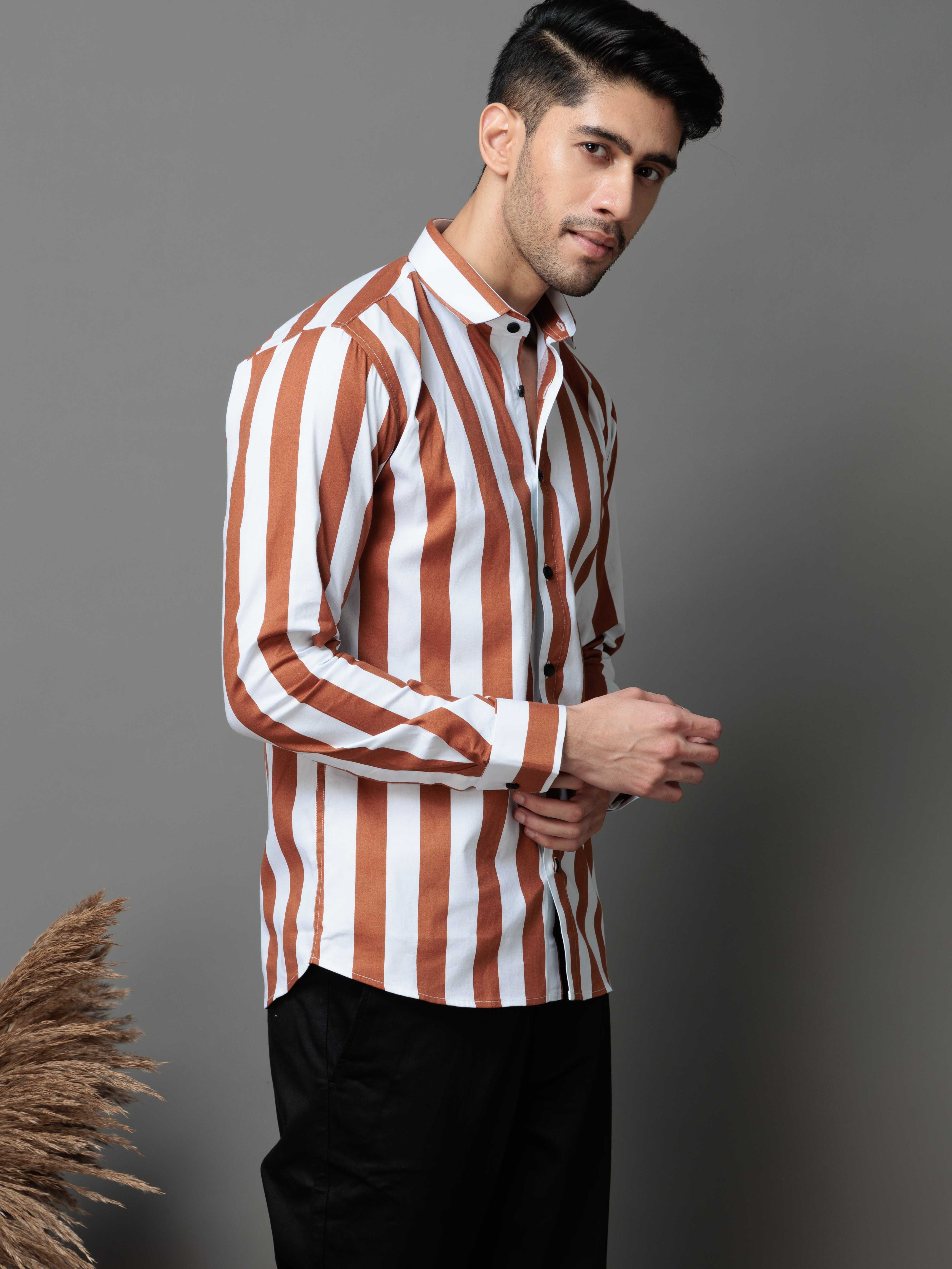 METALLIC ORANGE STRIPED COTTON CASUAL SHIRT