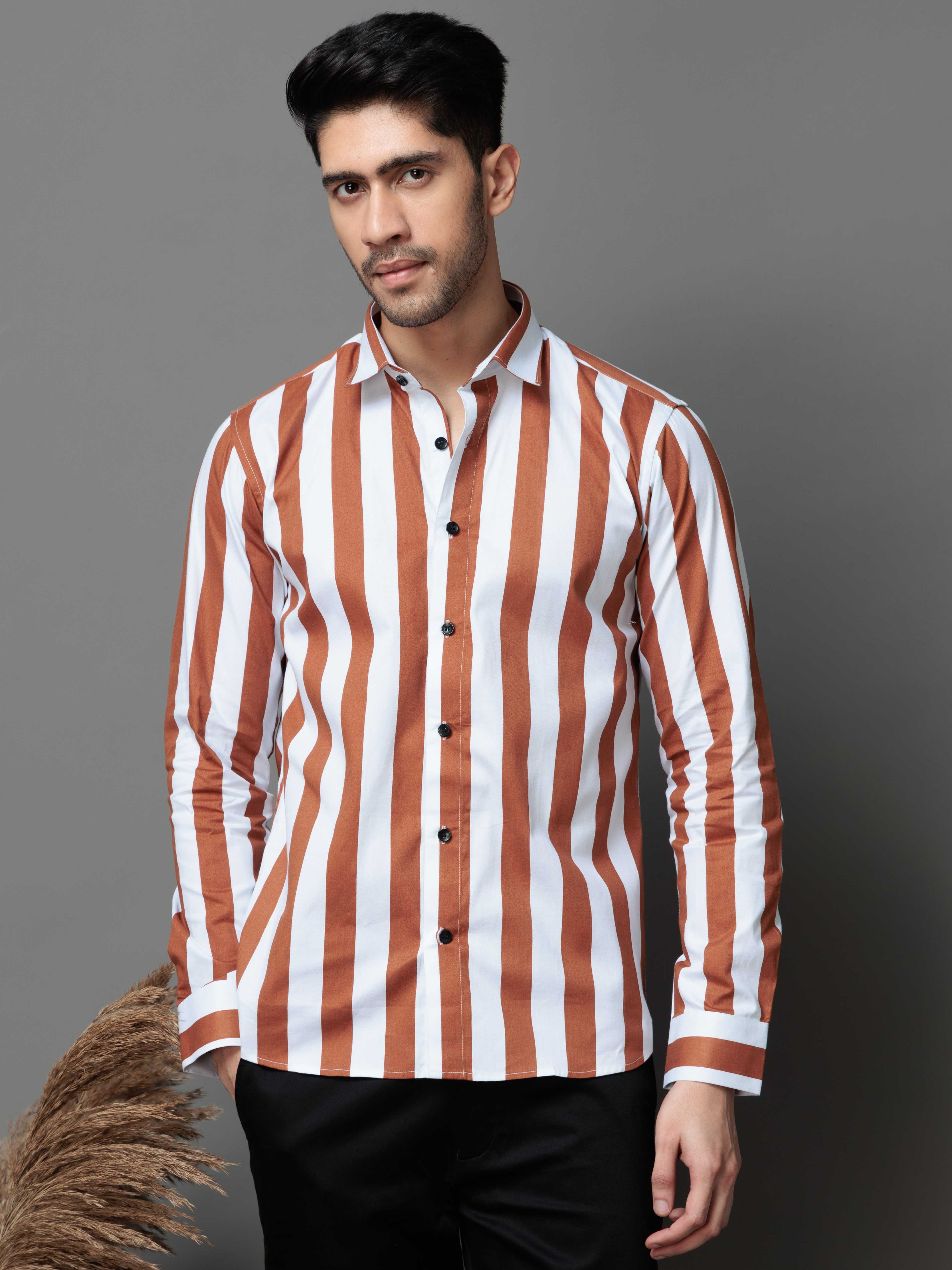 METALLIC ORANGE STRIPED COTTON CASUAL SHIRT