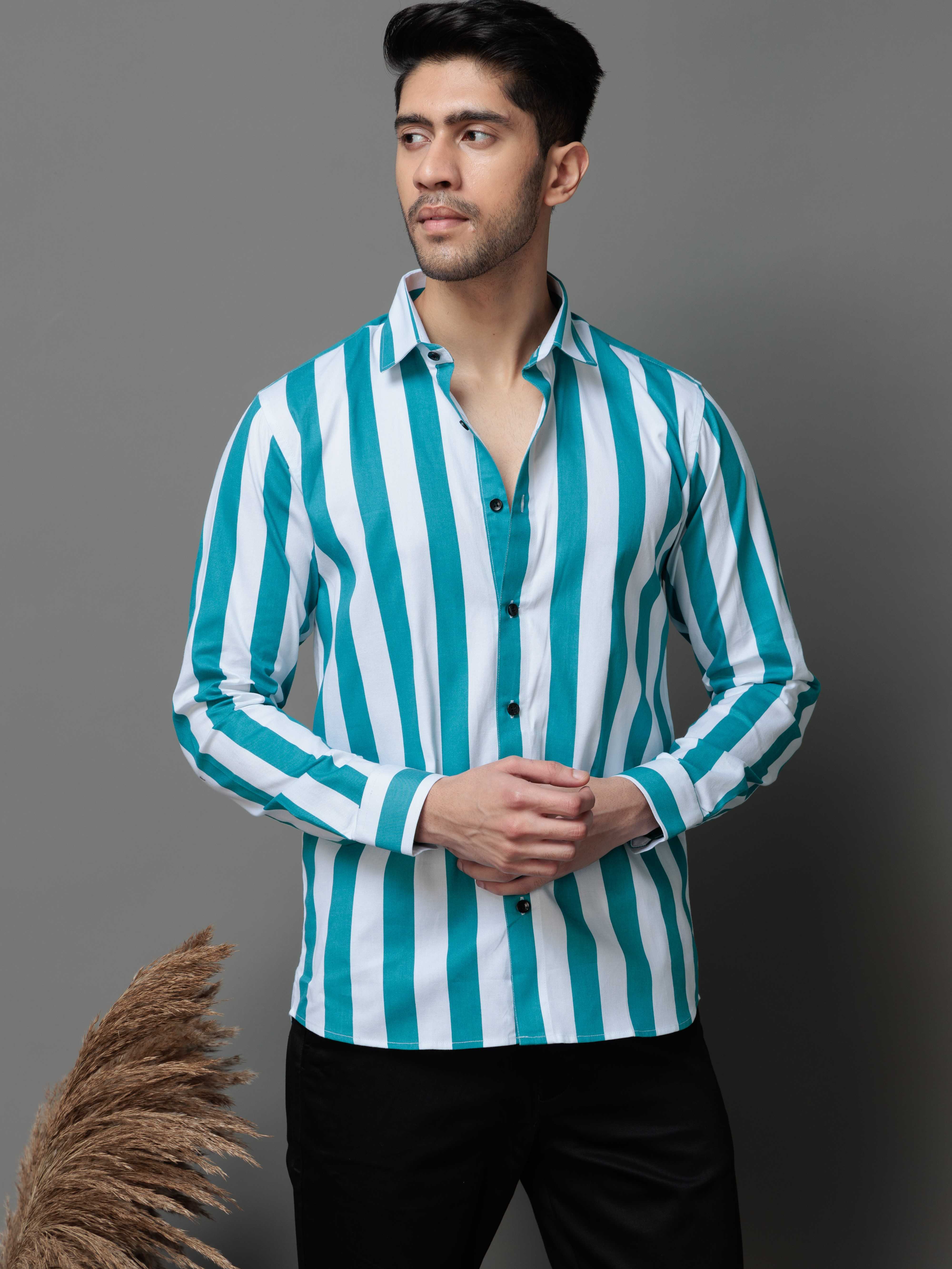 METALLIC SKY STRIPED COTTON CASUAL SHIRT