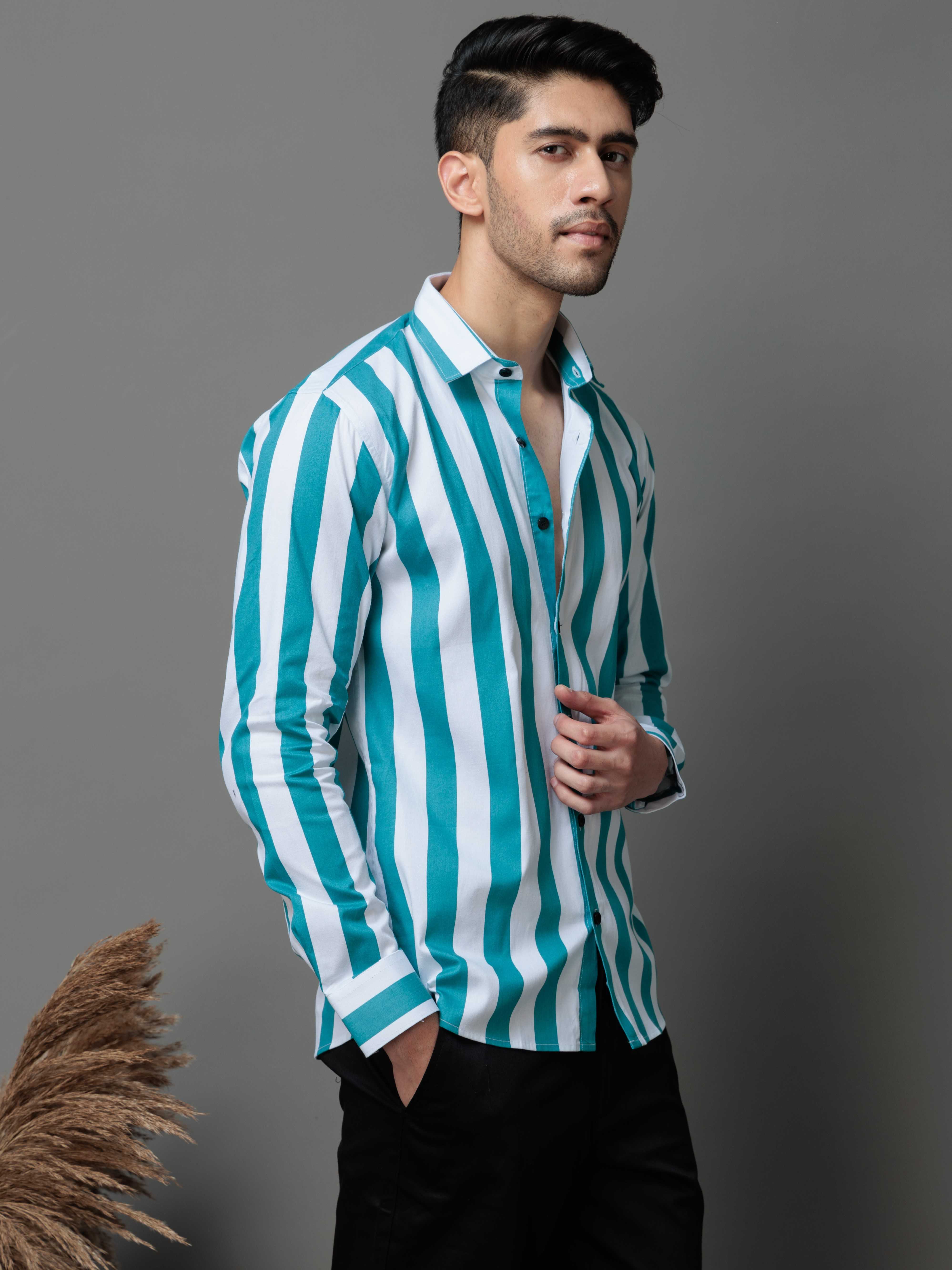 METALLIC SKY STRIPED COTTON CASUAL SHIRT
