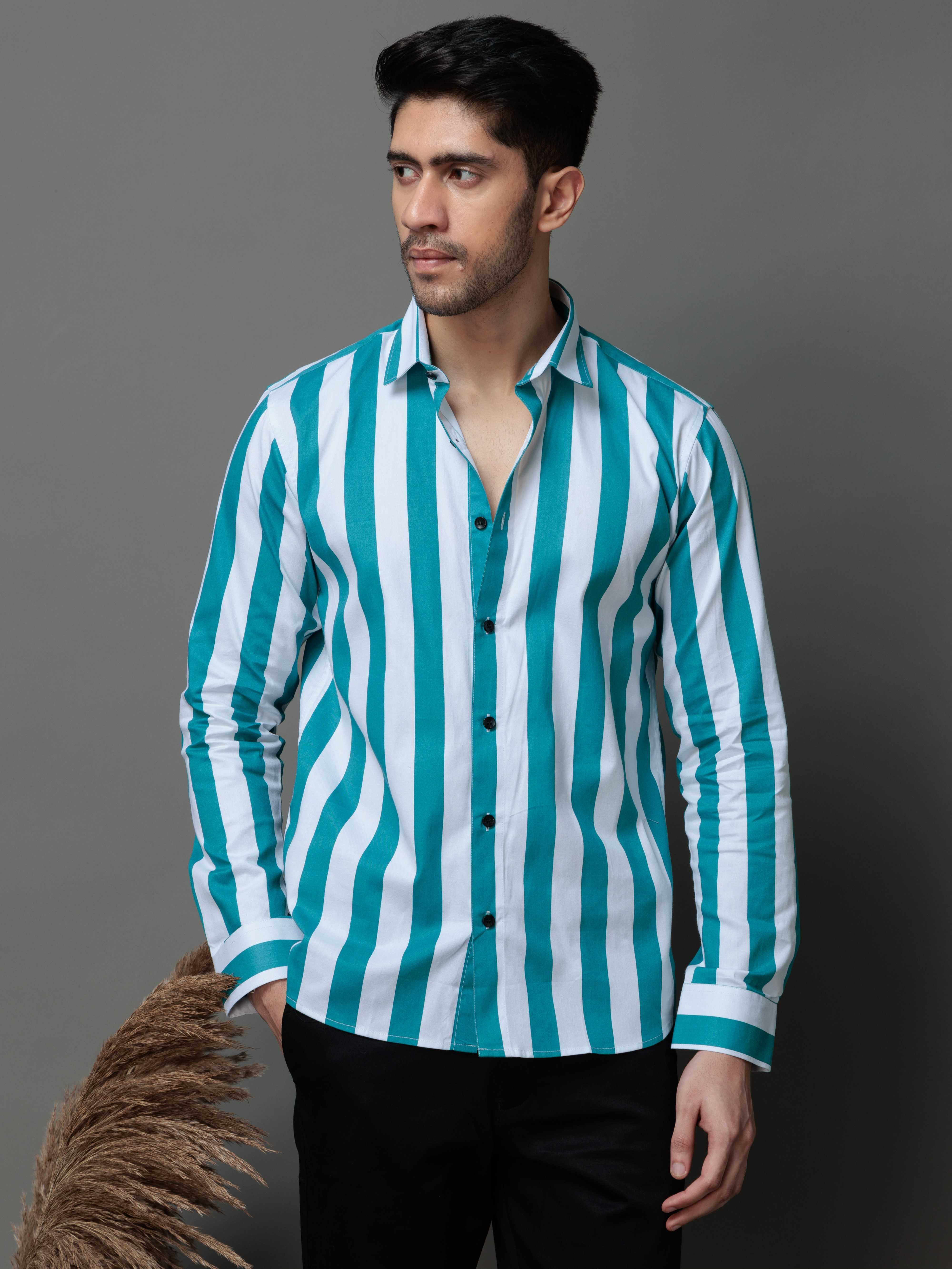 METALLIC SKY STRIPED COTTON CASUAL SHIRT