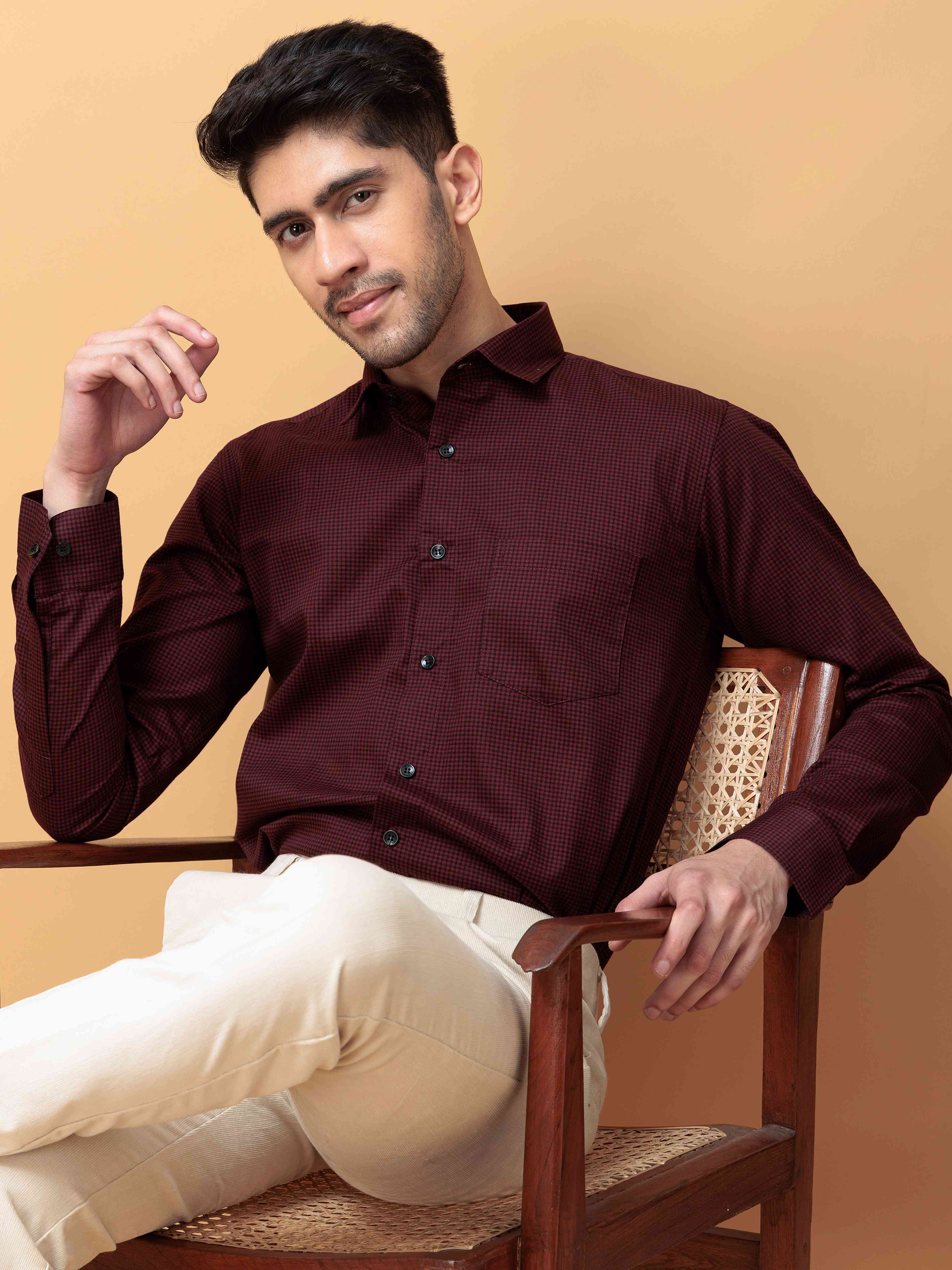 FOOMER WINE MINI CHECKED COTTON CASUAL SHIRT FOR MEN'S