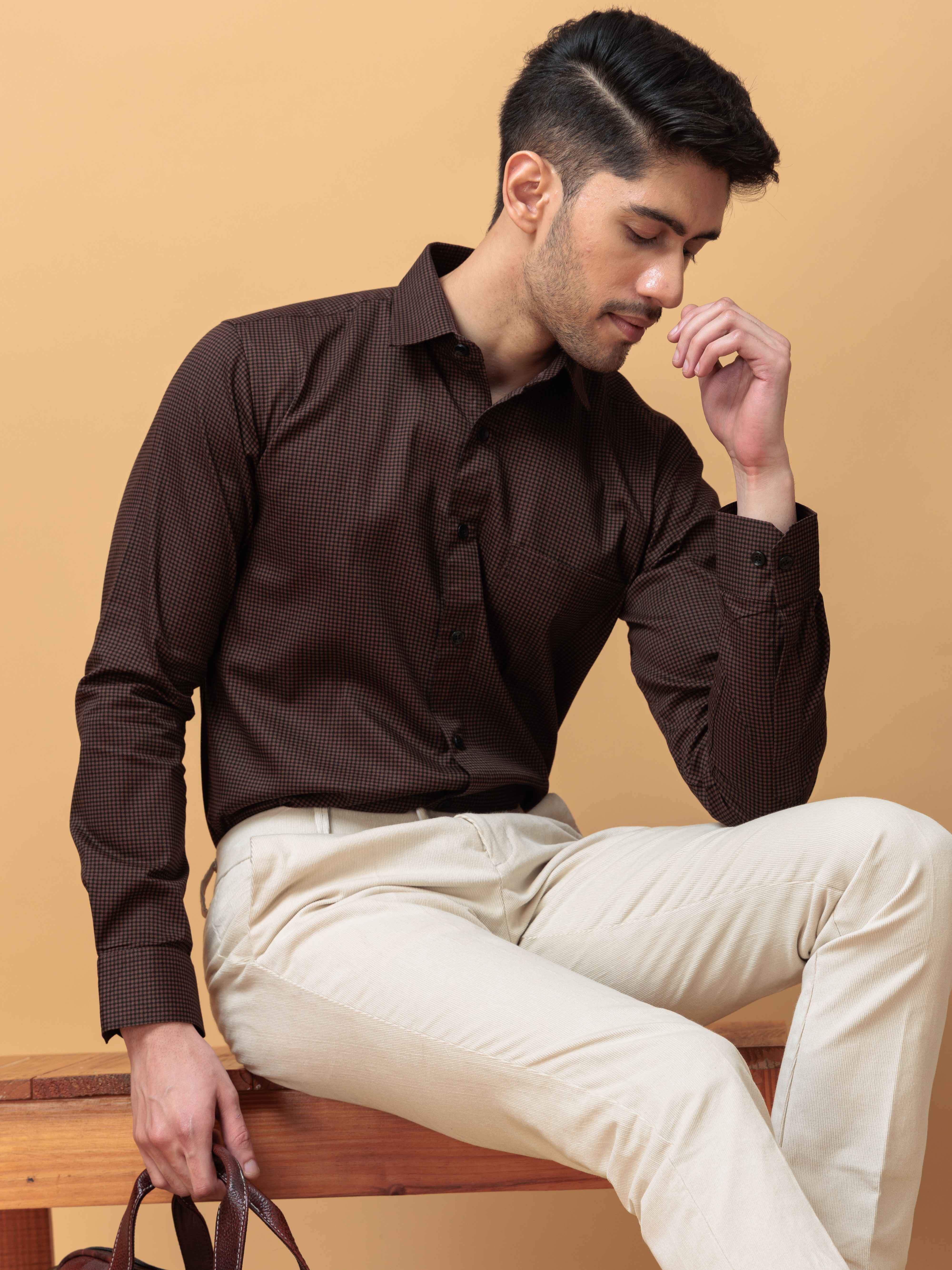 FOOMER BROWN MINI CHECKED COTTON CASUAL SHIRT FOR MEN'S