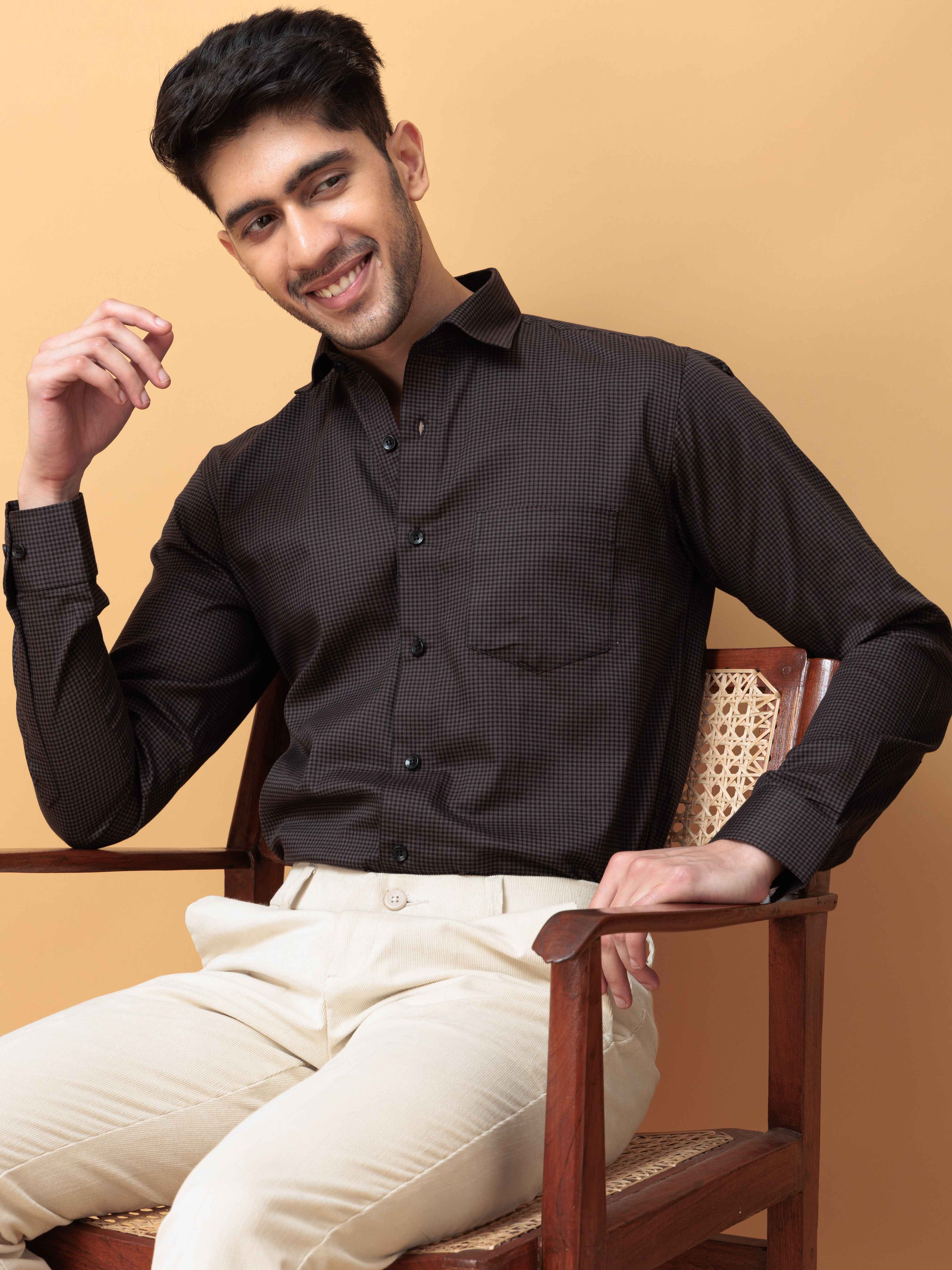 FOOMER DARK GREY MINI CHECKED COTTON CASUAL SHIRT FOR MEN'S