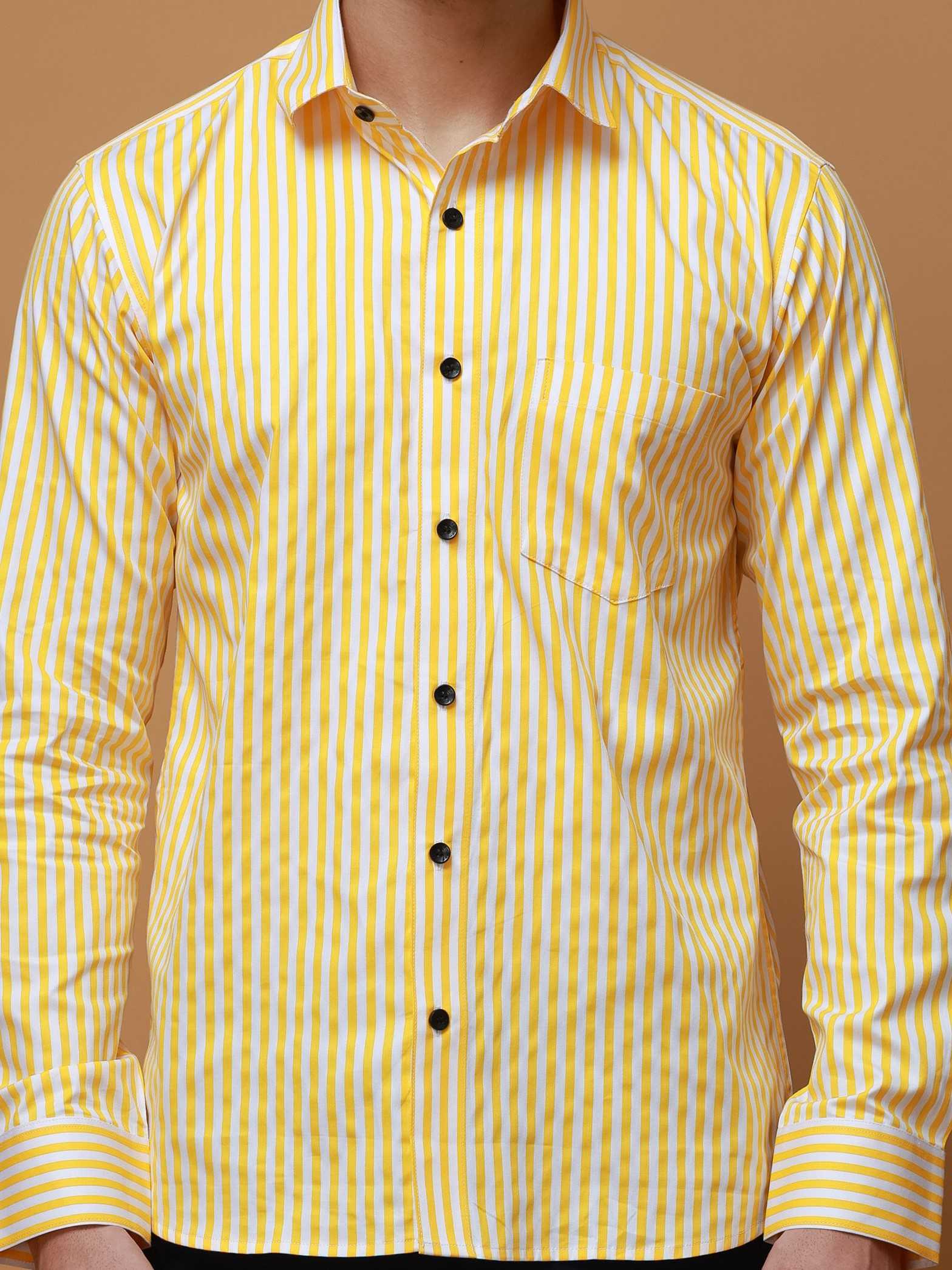 YELLOW STRIPED COTTON REGULAR FIT MEN'S CASUAL SHIRT FOR MEN'S