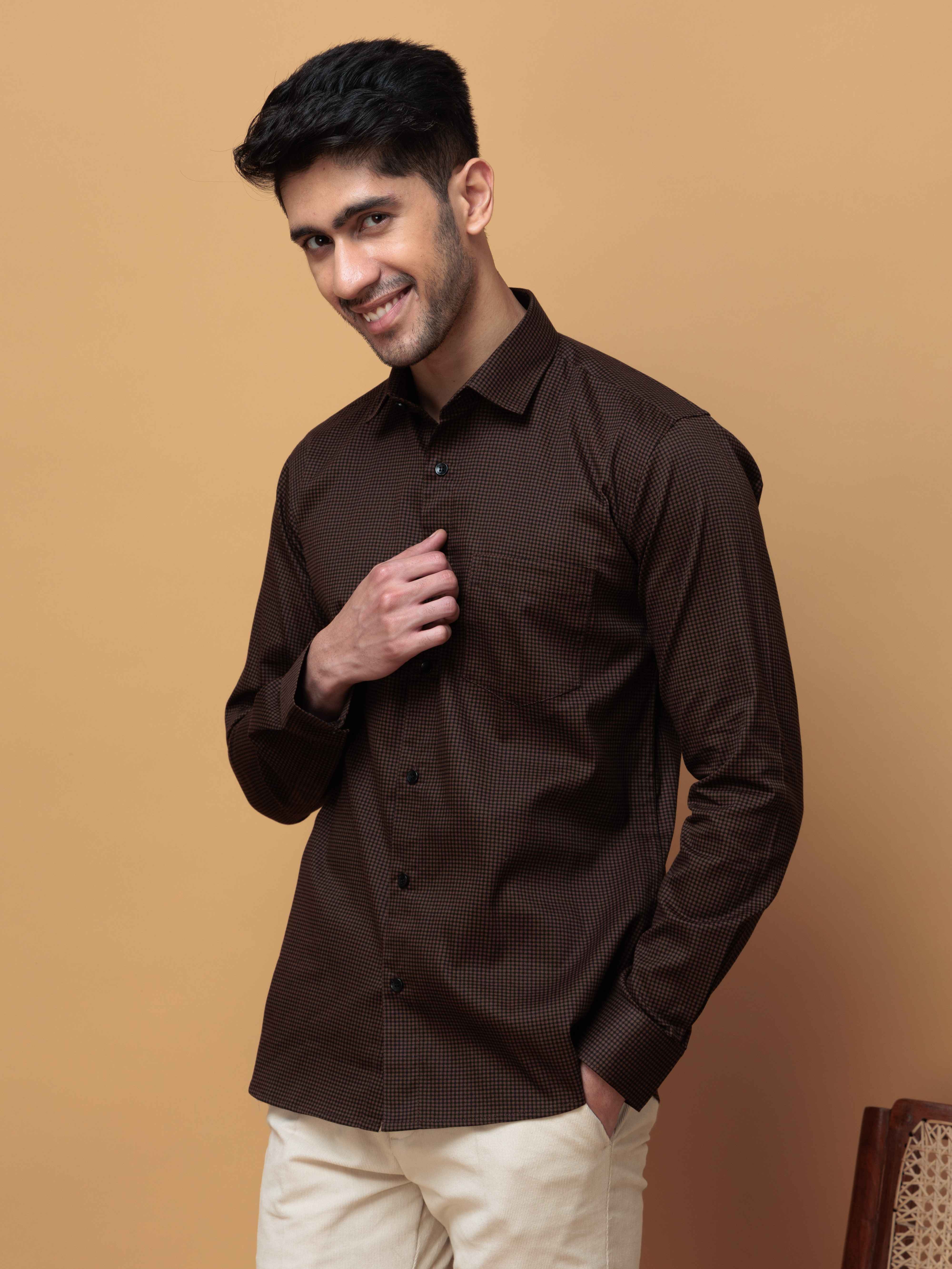 FOOMER BROWN MINI CHECKED COTTON CASUAL SHIRT FOR MEN'S