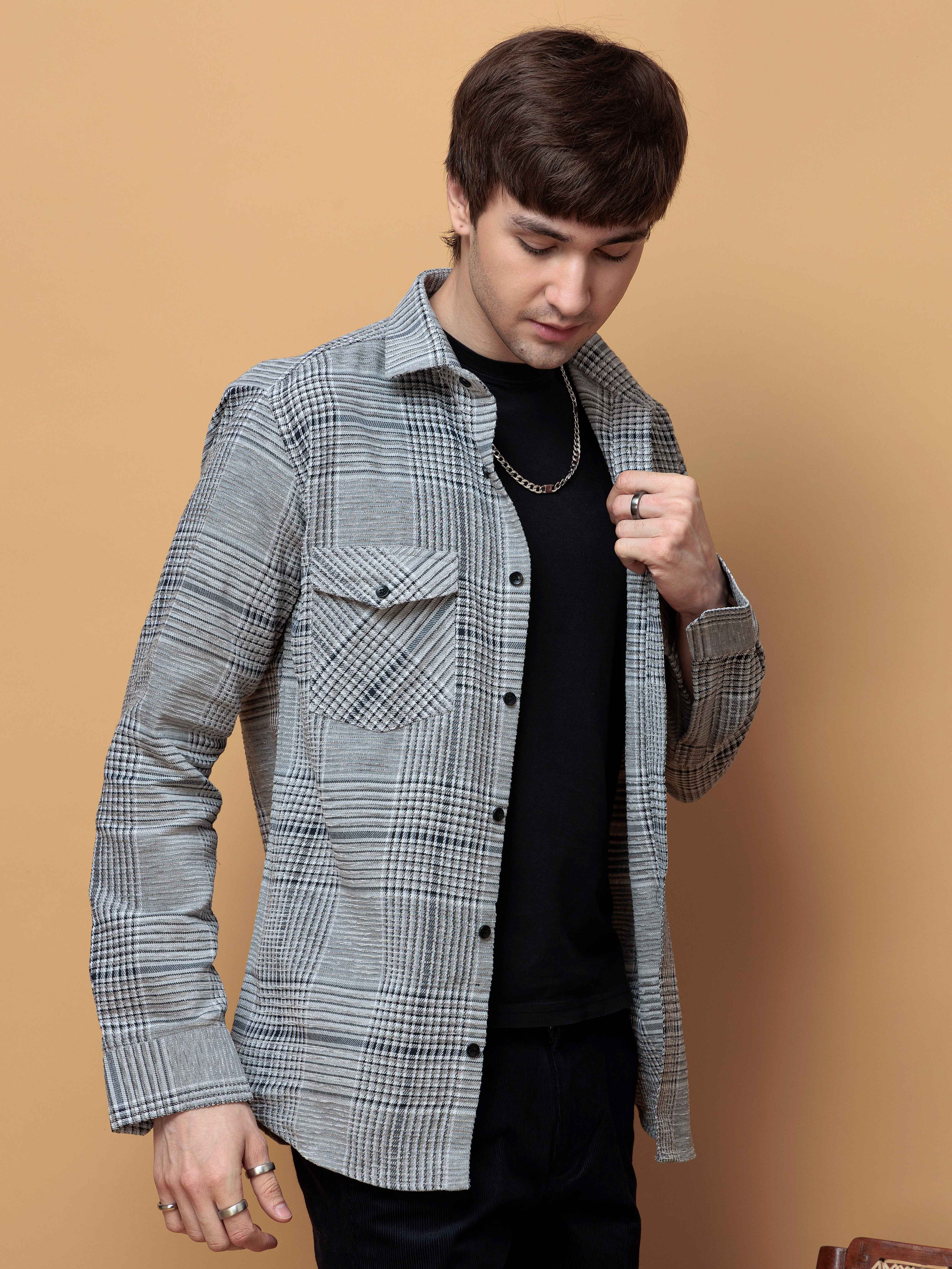 FOOMER GREY GLEN CHECKED CASUAL SHIRT FOR MEN'S