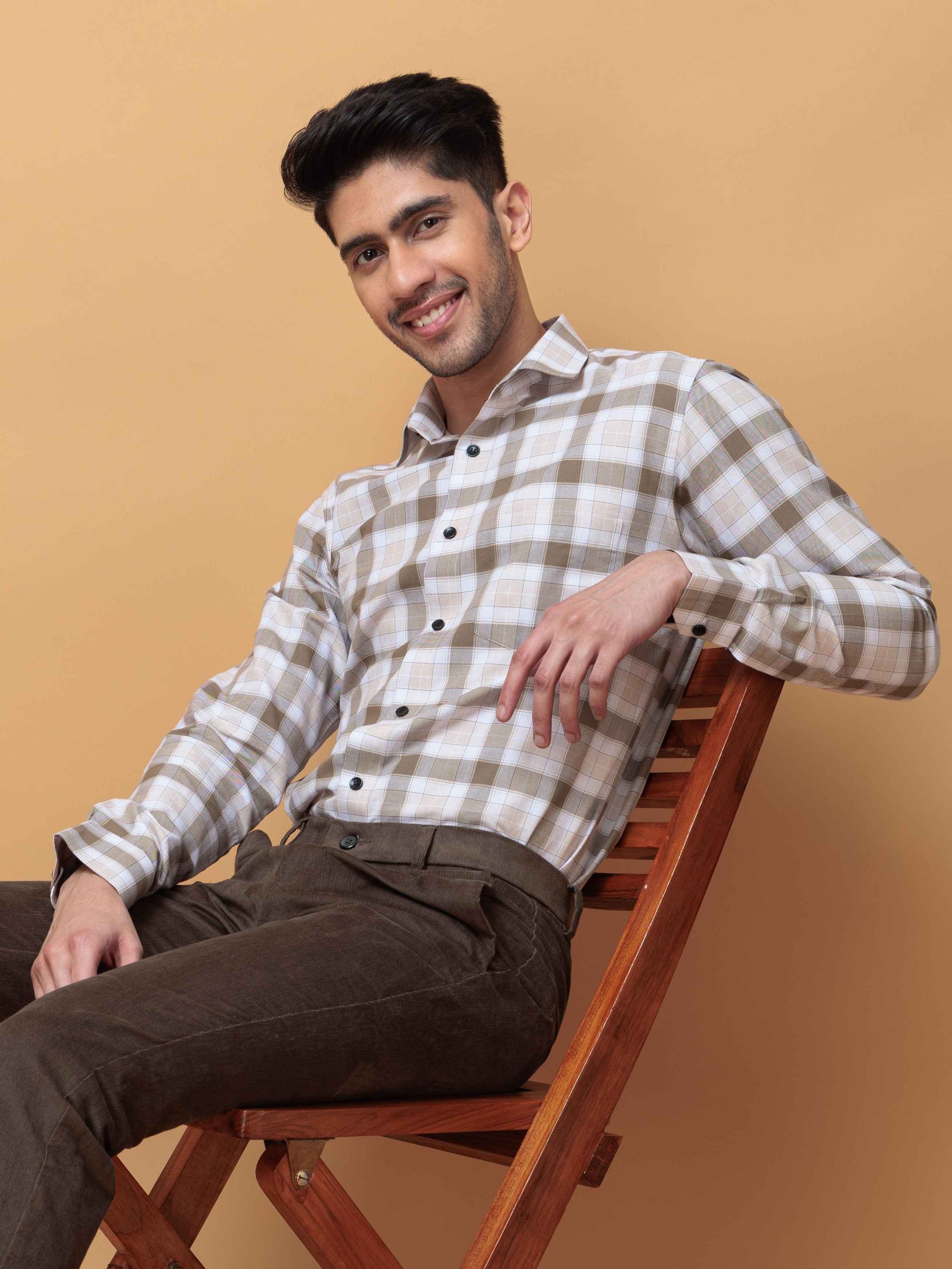 SQUARE WOOD CHECKED COTTON CASUAL SHIRT FOR MEN'S