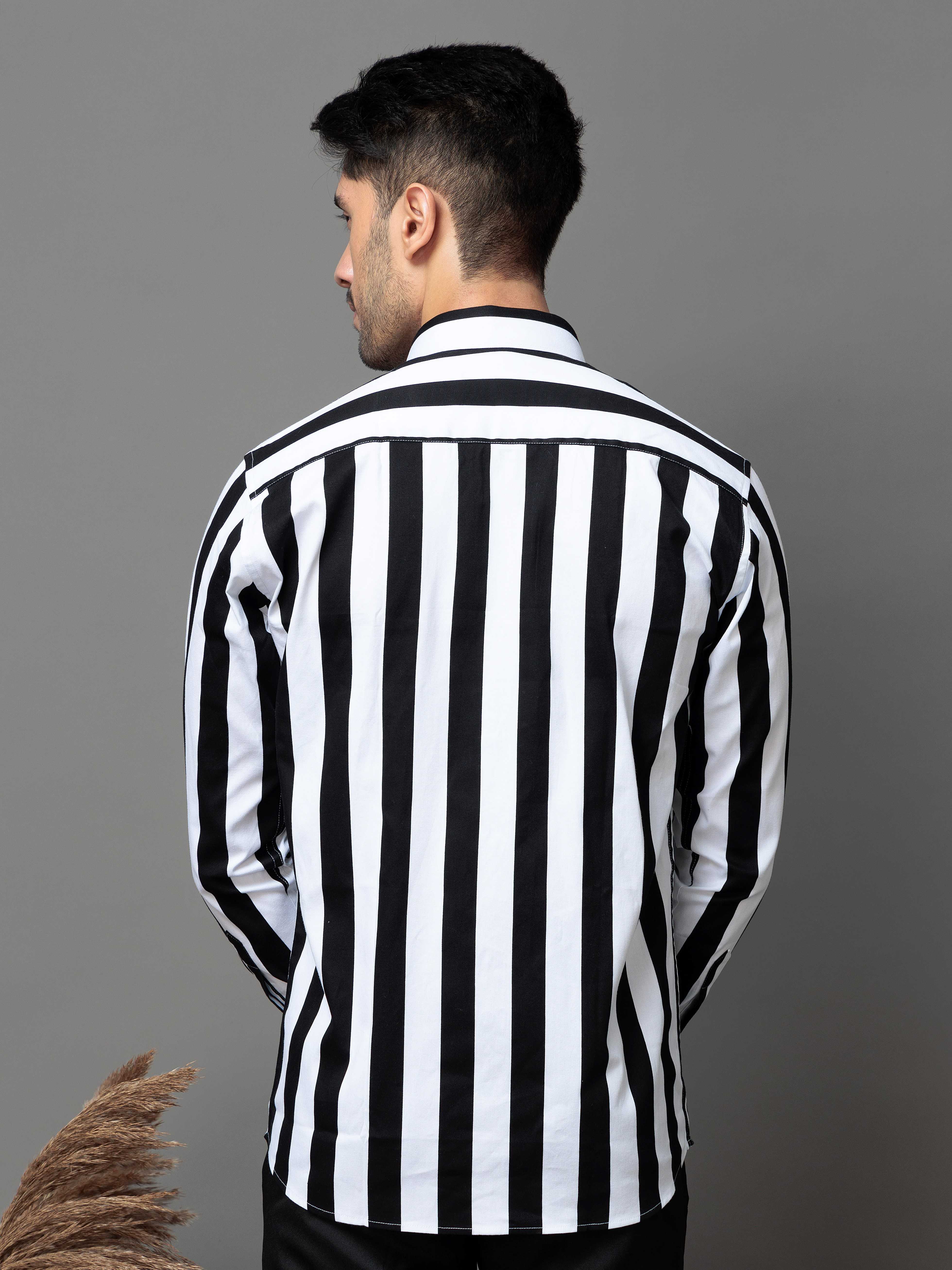 BLACK STRIPED PRINTED COTTON CASUAL SHIRT FOR MEN'S
