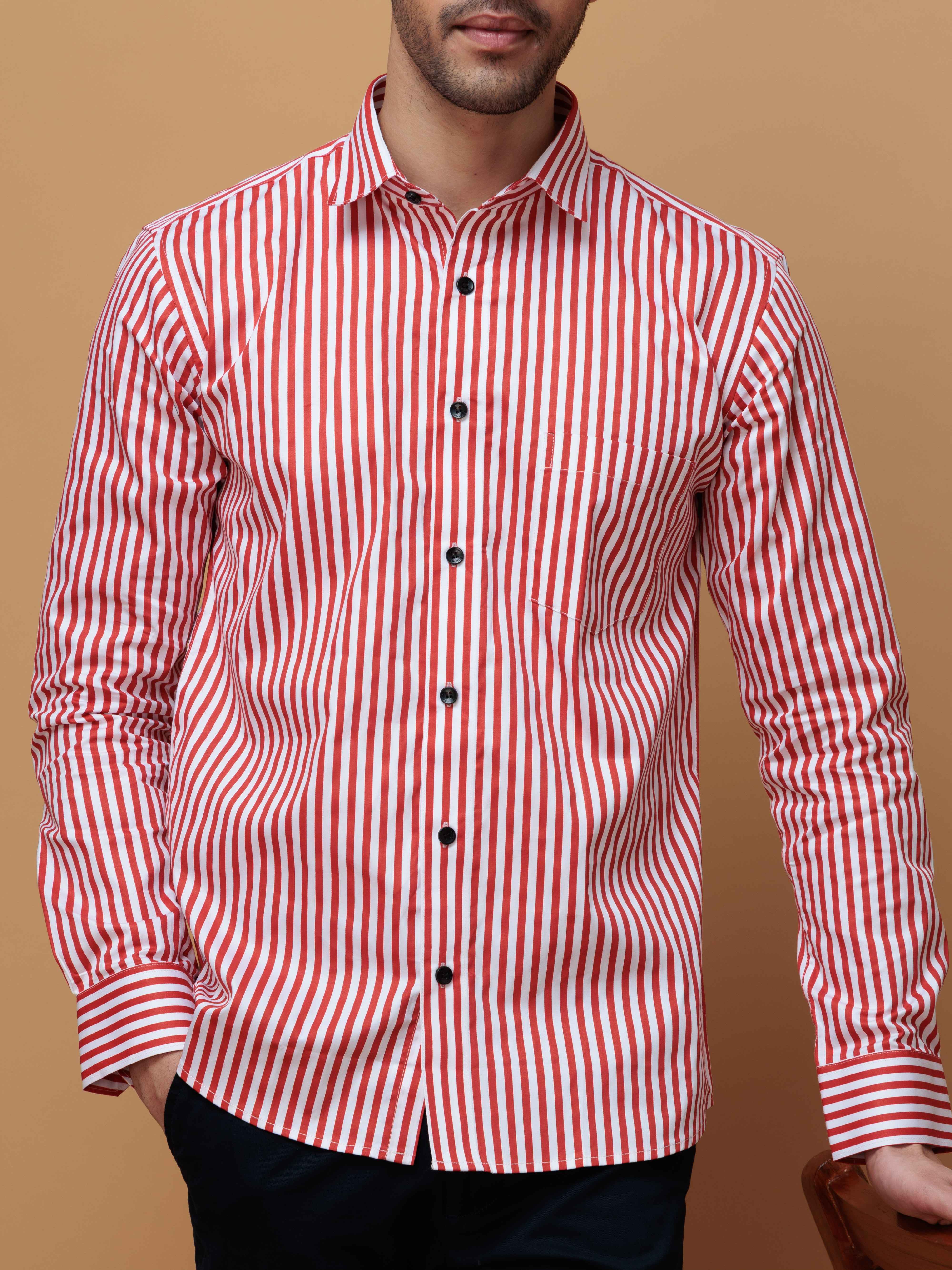 RED STRIPED COTTON REGULAR FIT MEN'S CASUAL SHIRT FOR MEN'S