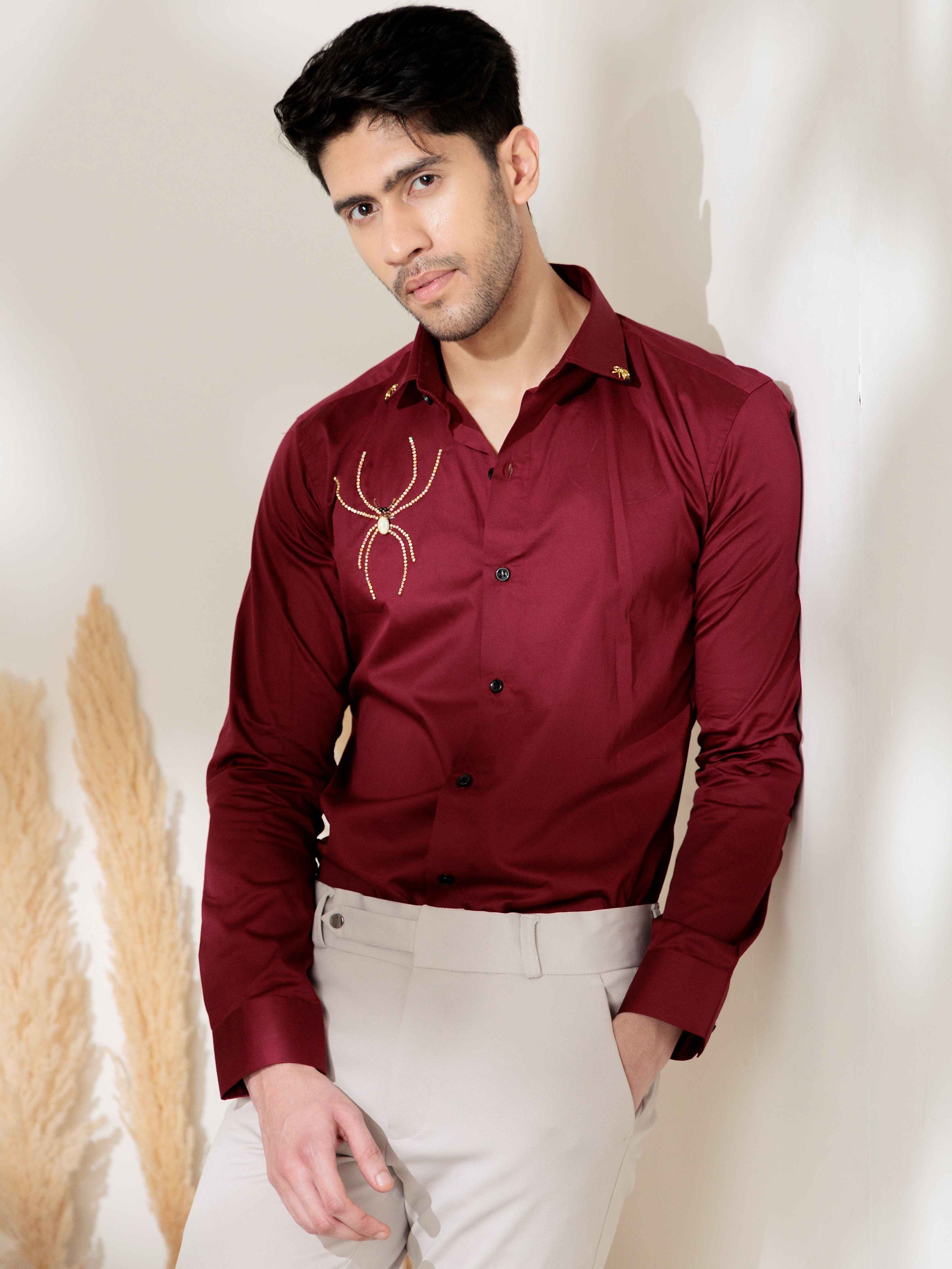 FOOMER MAROON RHINESTONE HAND WORK SATIN COTTON PREMIUM SHIRT FOR MEN