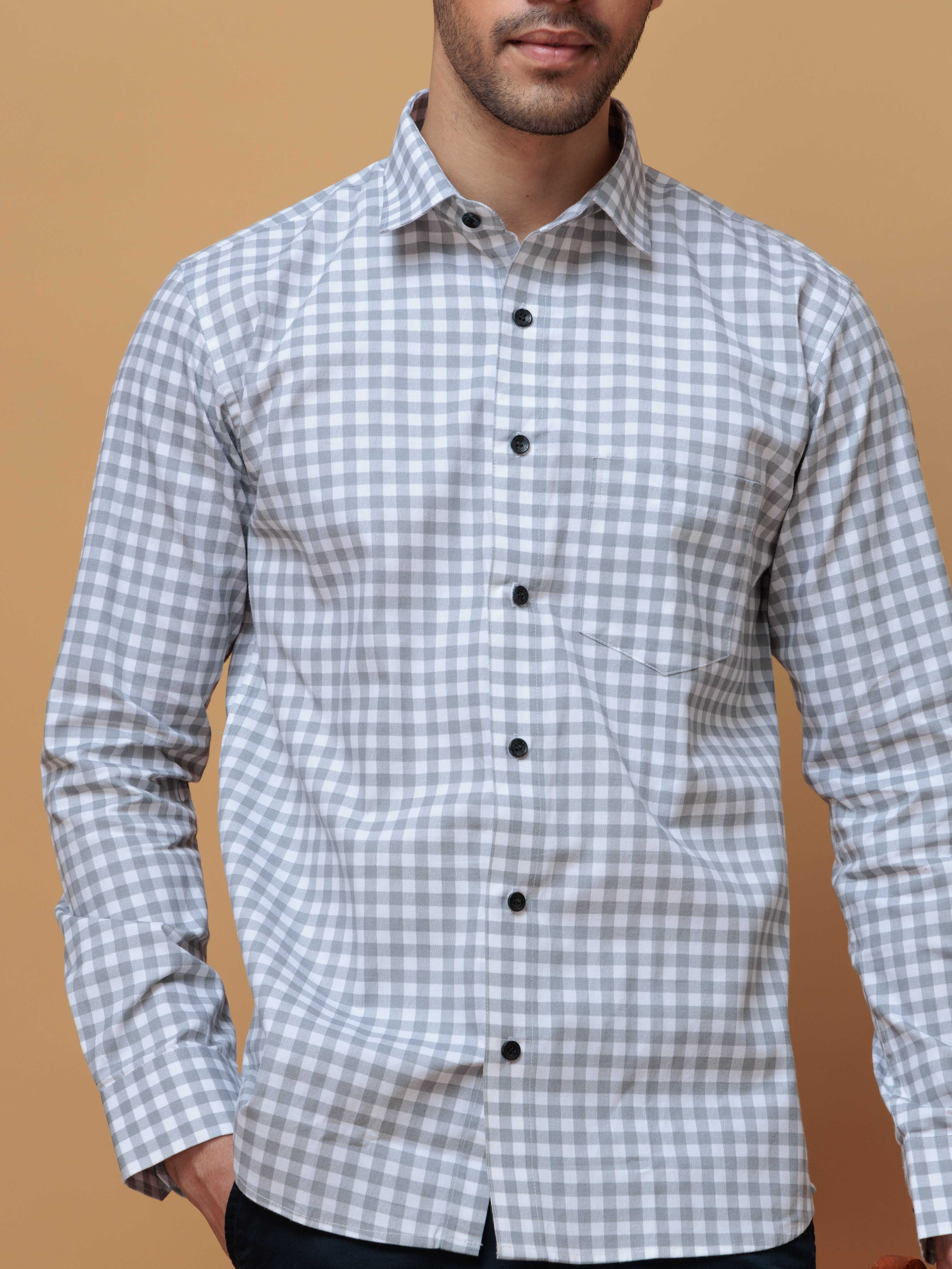 GREY CHECKERED PRINTED COTTON CASUAL SHIRT FOR MEN'S
