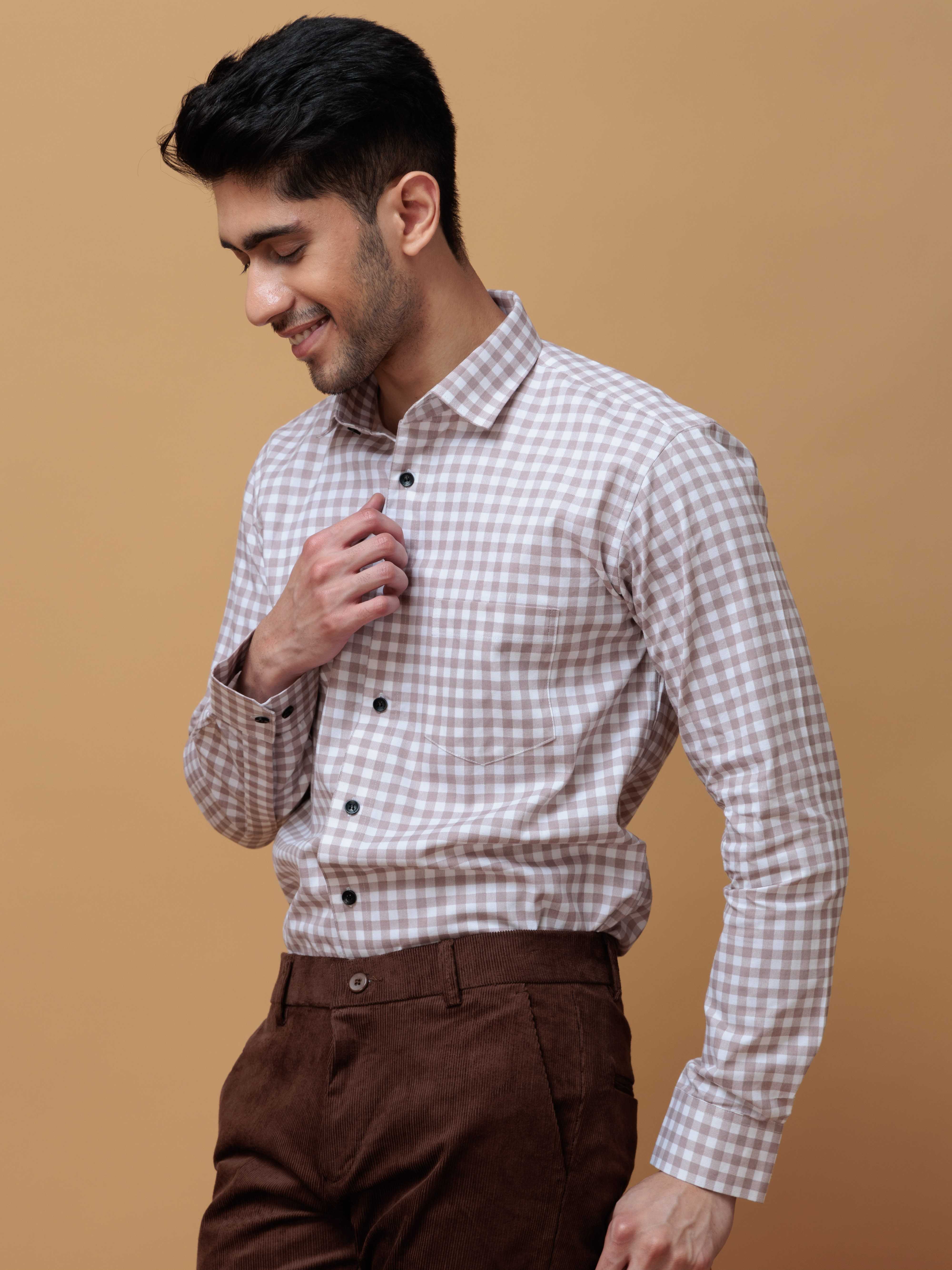 BROWN CHECKERD PRINTED COTTON CASUAL SHIRT FOR MEN'S