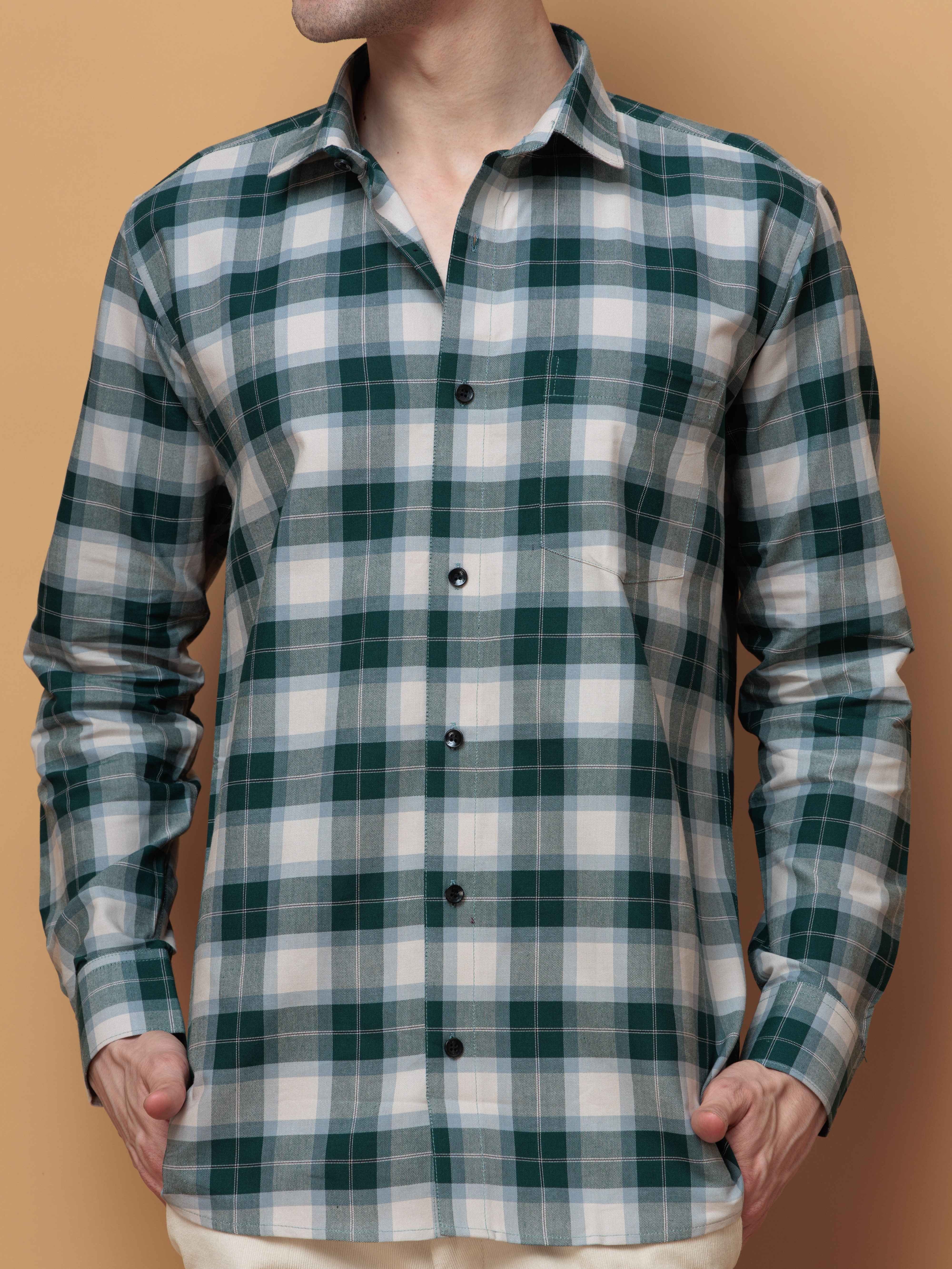 SQUARE GREEN CHECKED COTTON CASUAL SHIRT FOR MEN'S