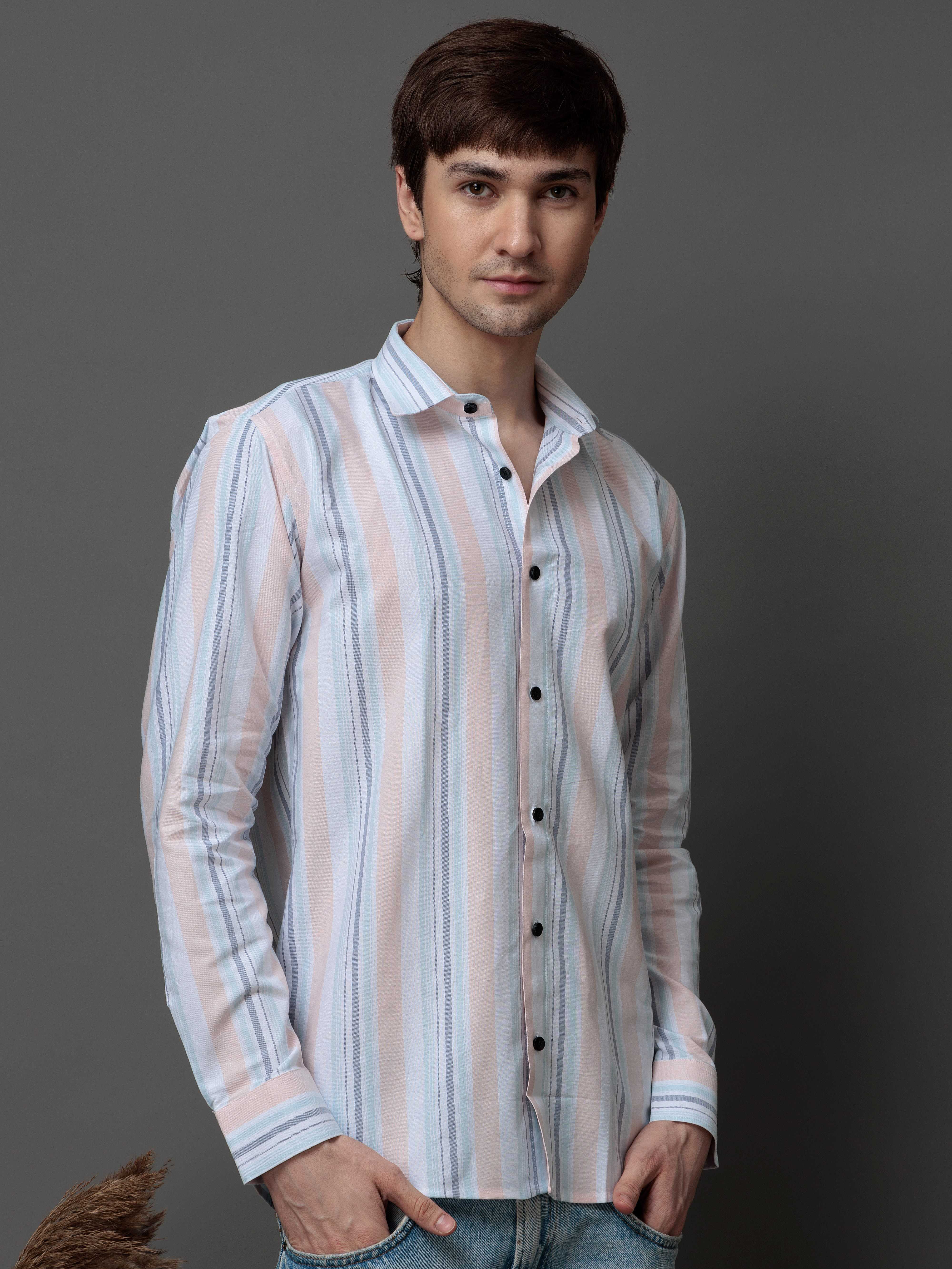 PEACH MULTI STRIPES COTTON REGULAR FIT MEN'S CASUAL SHIRT FOR MEN'S