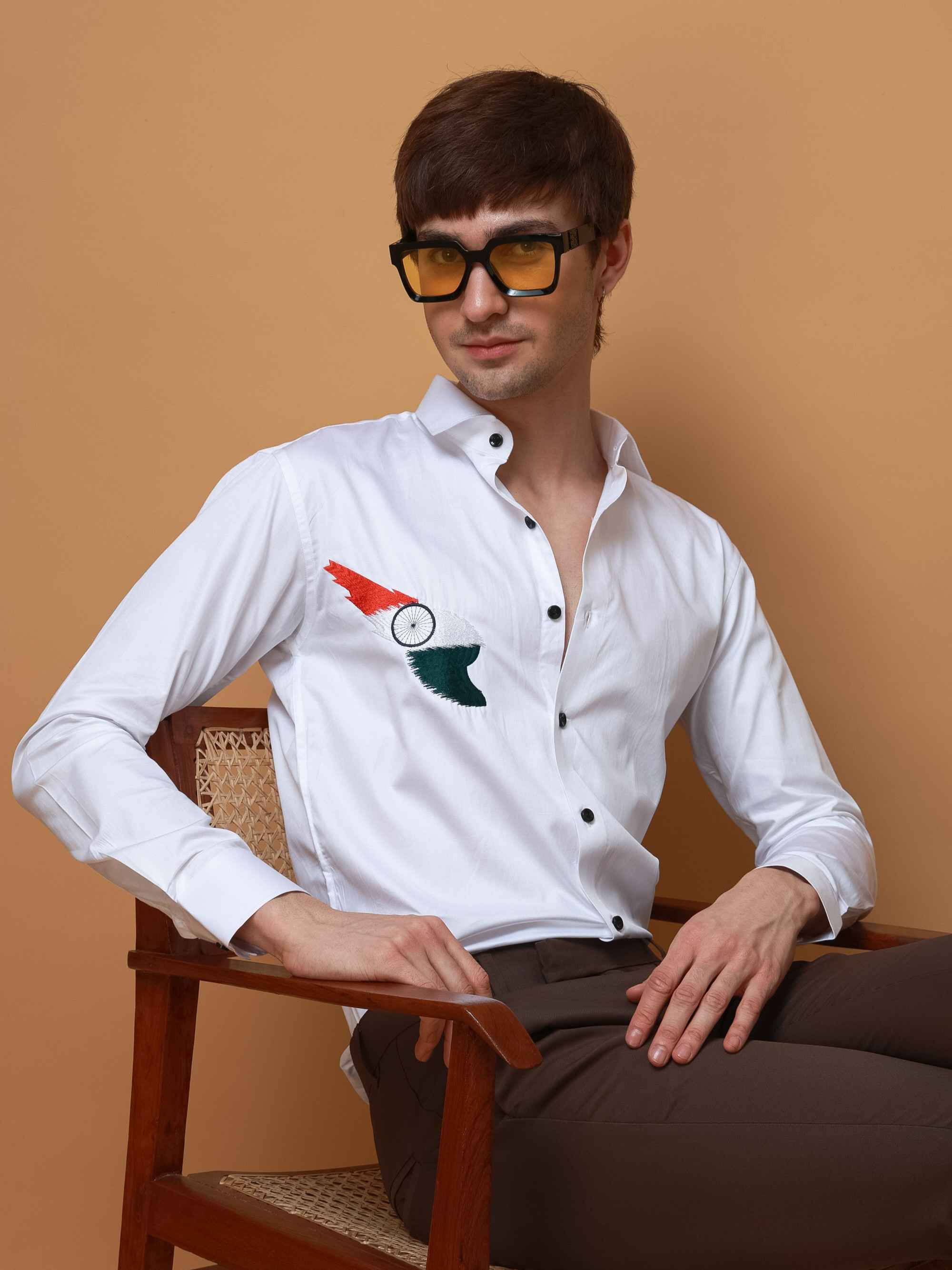 WHITE TIRANGA EMBROIDERED DESIGNER SATIN COTTON SHIRT FOR MEN'S