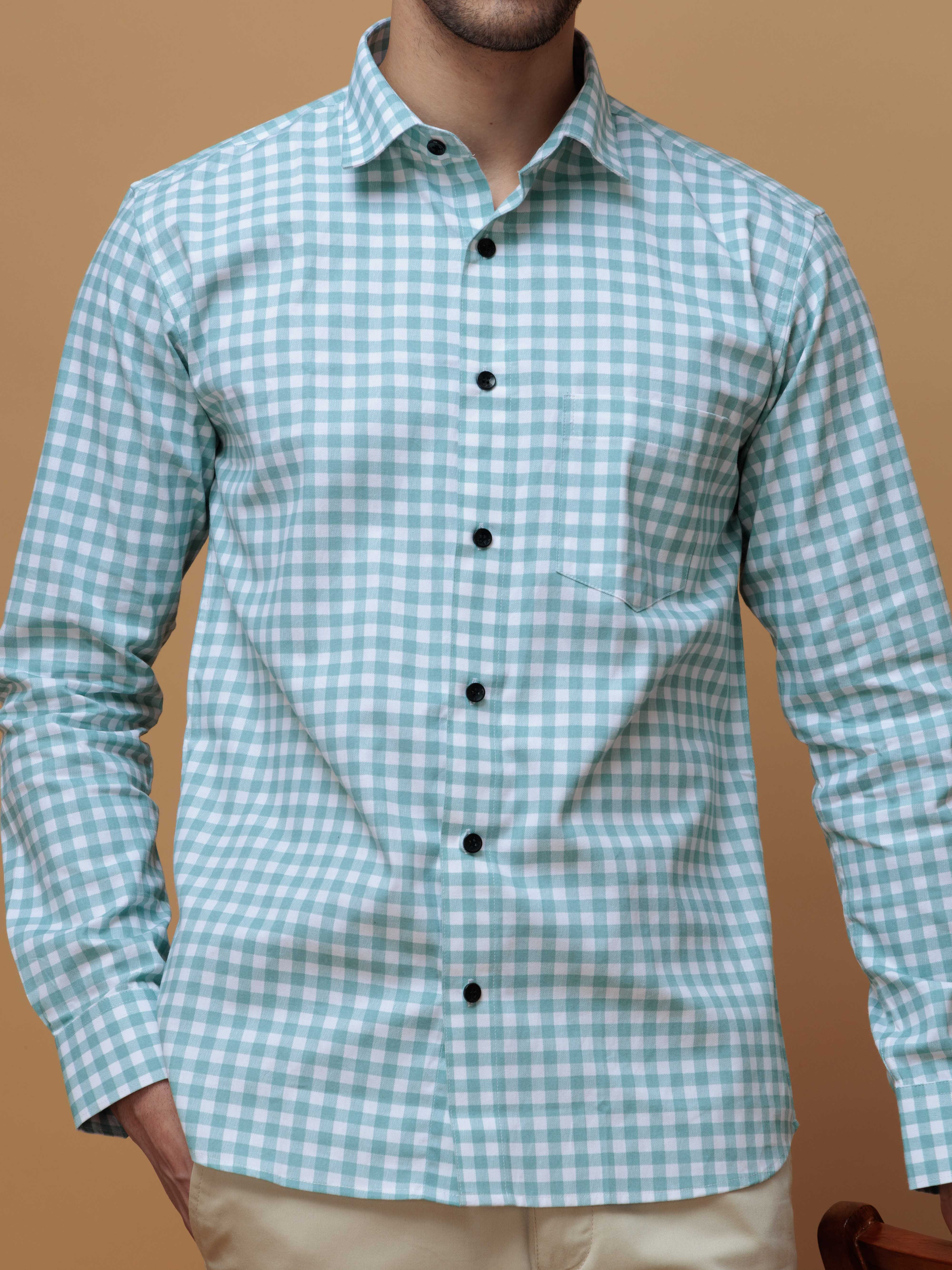 CYAN CHECKS PRINTED COTTON CASUAL SHIRT FOR MEN'S